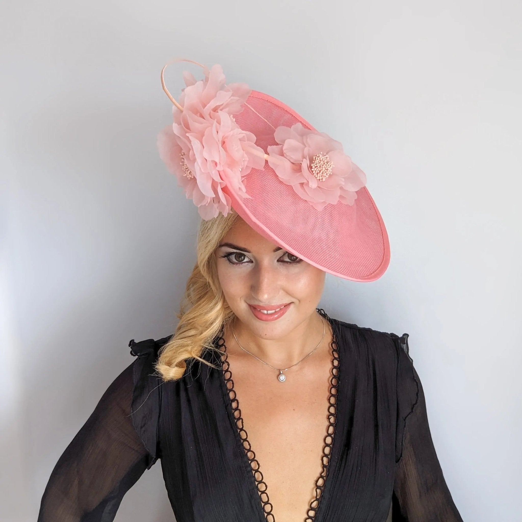 Pink large flower saucer disc fascinator hat - House of Hats