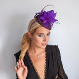 Plum and cadbury purple feather fascinator hat - House of Hats