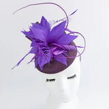 Plum and cadbury purple feather fascinator hat - House of Hats
