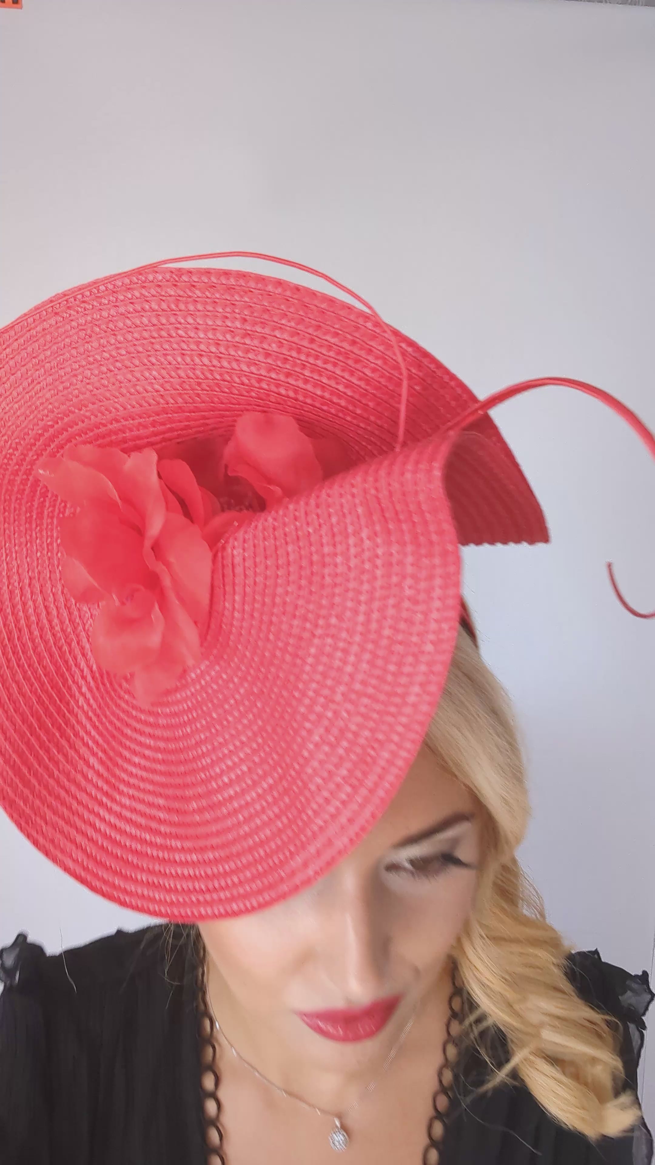 Red large woven straw flower fascinator hat