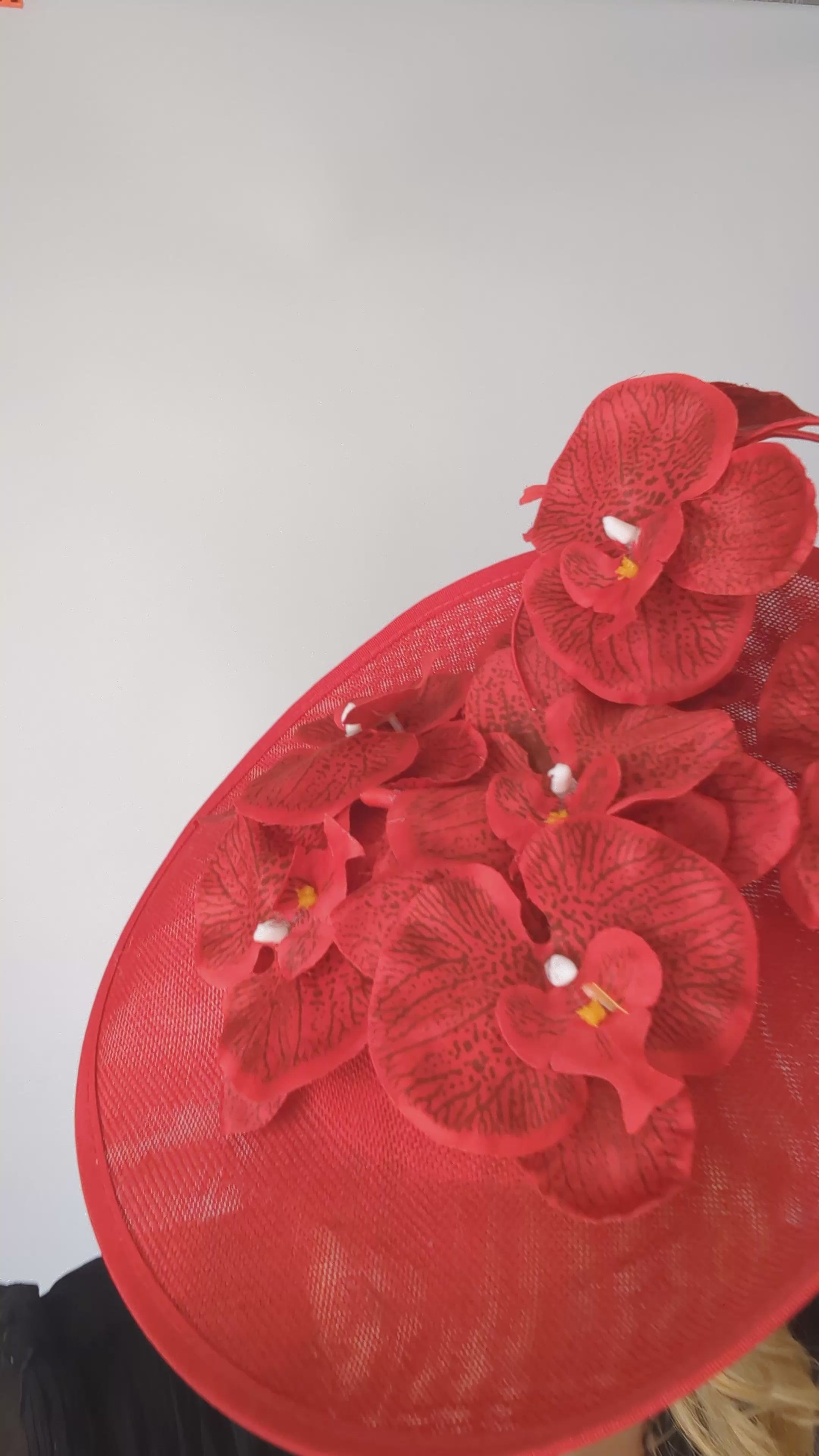 Red large orchid flower saucer disc fascinator hat