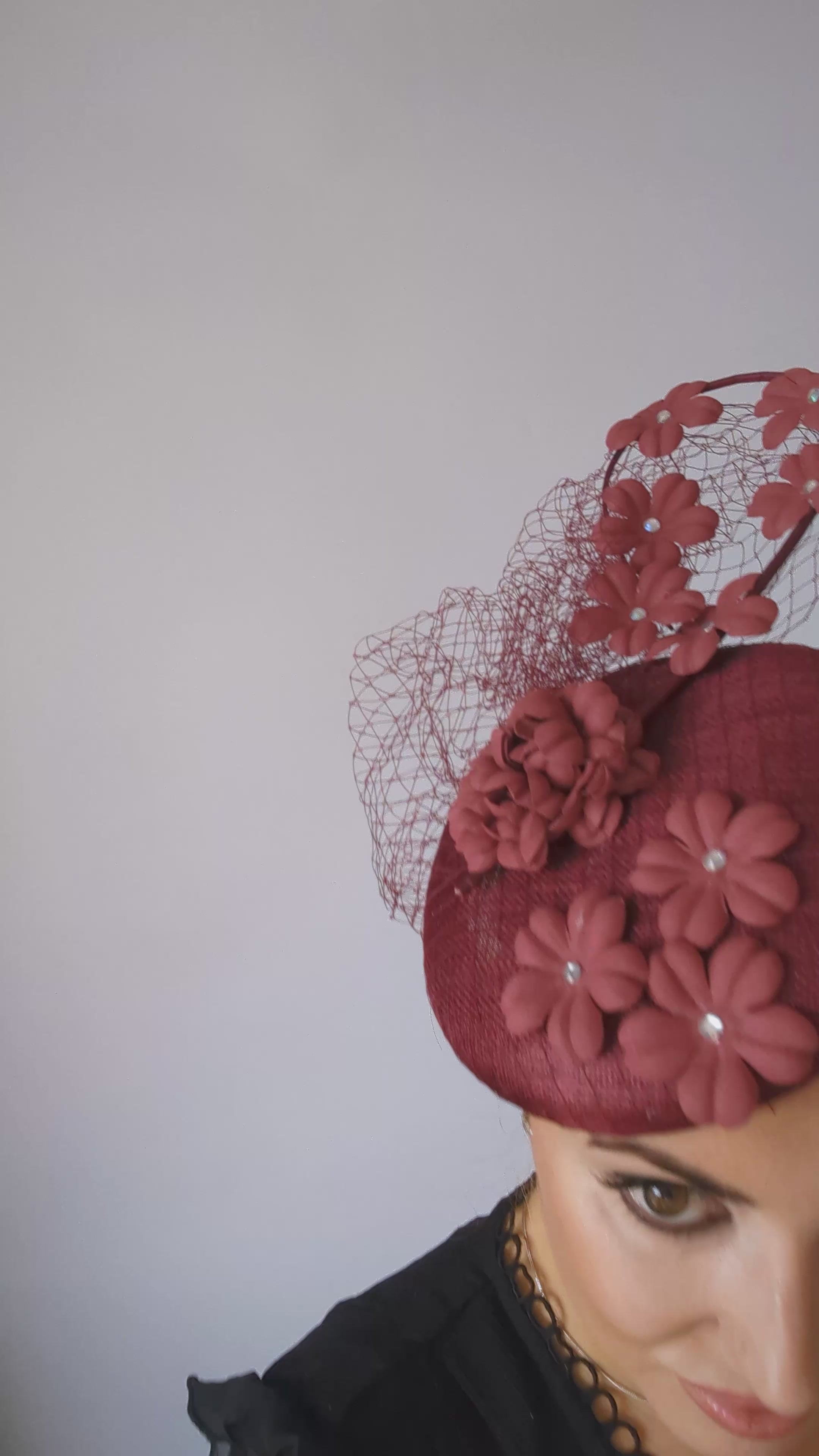 Burgundy flower fascinator hat