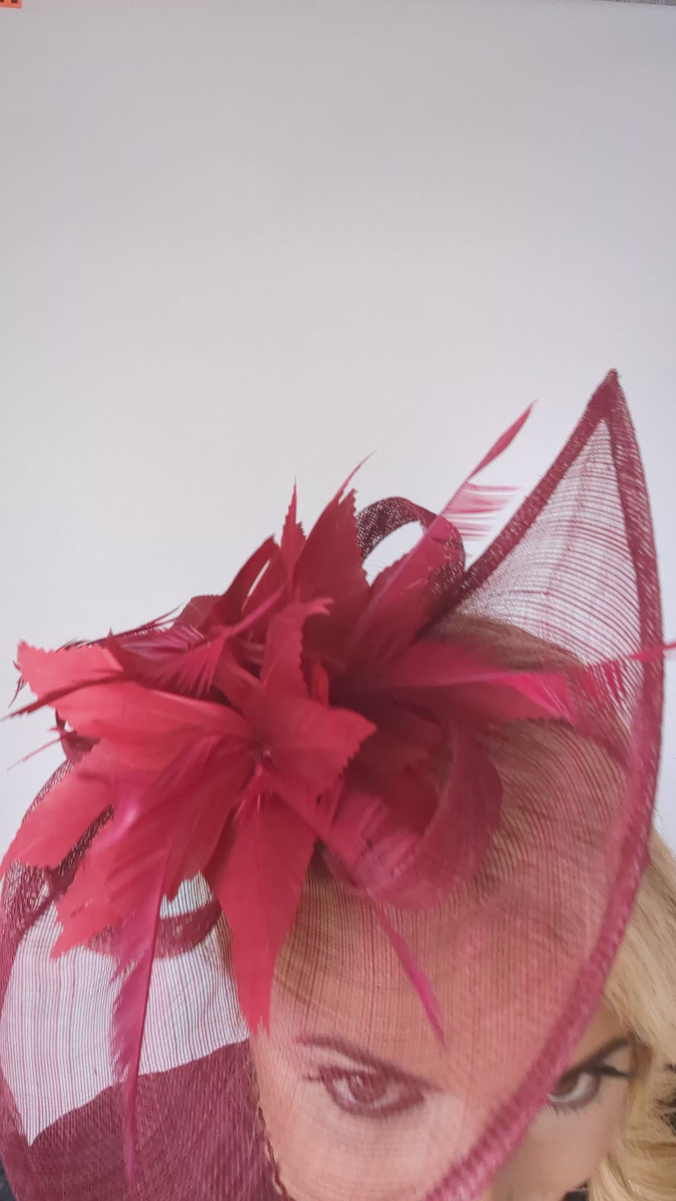 Burgundy feather large teardrop fascinator hat