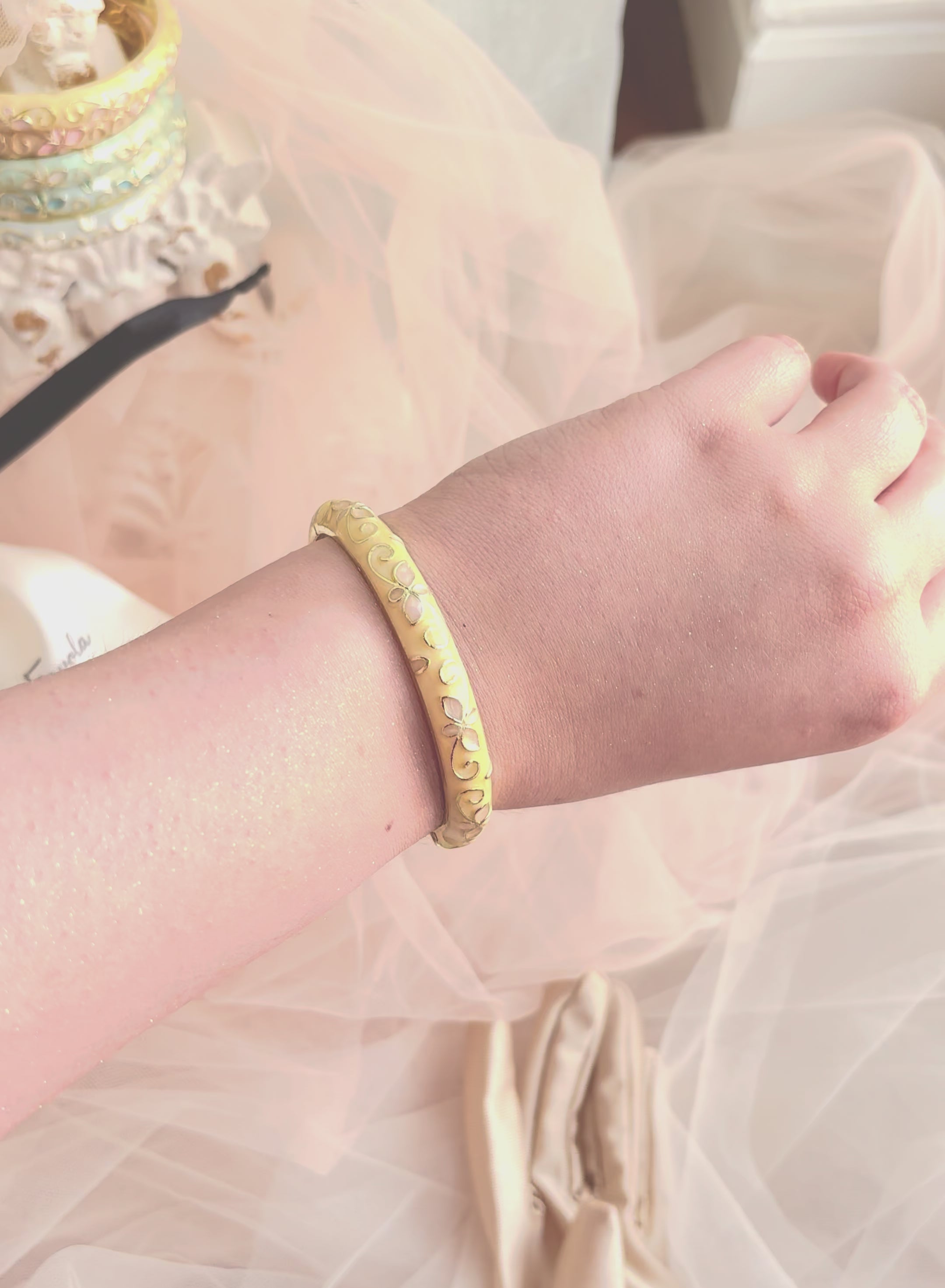 Cloisonné Enamel Pastel Bangles— Faerie Flower Gold Stacking Bracelets