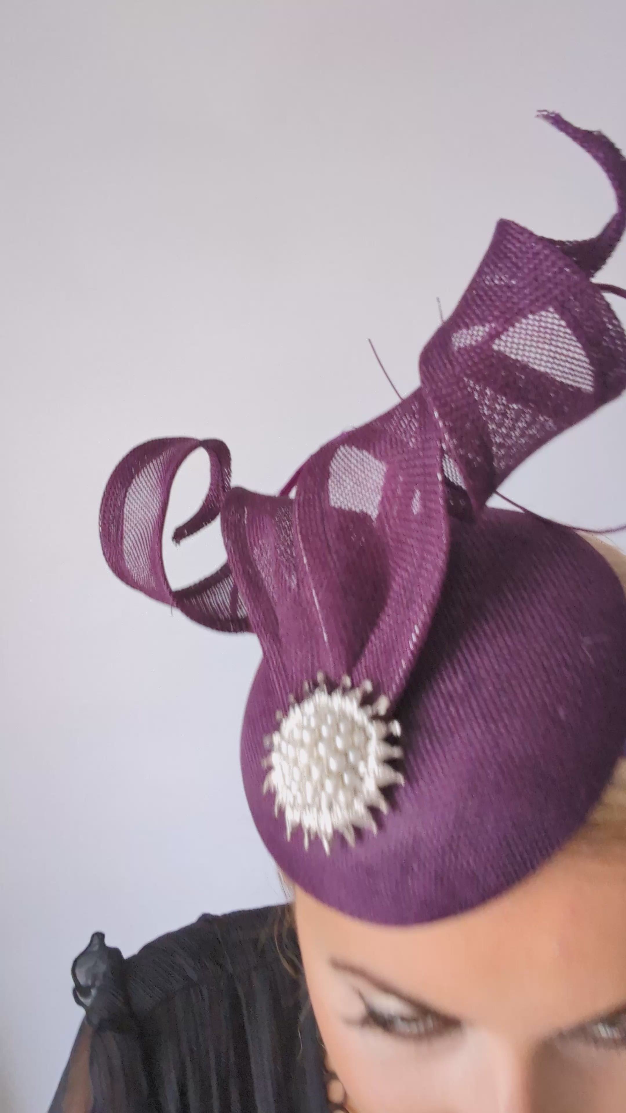 Dark plum purple pearl fascinator hat