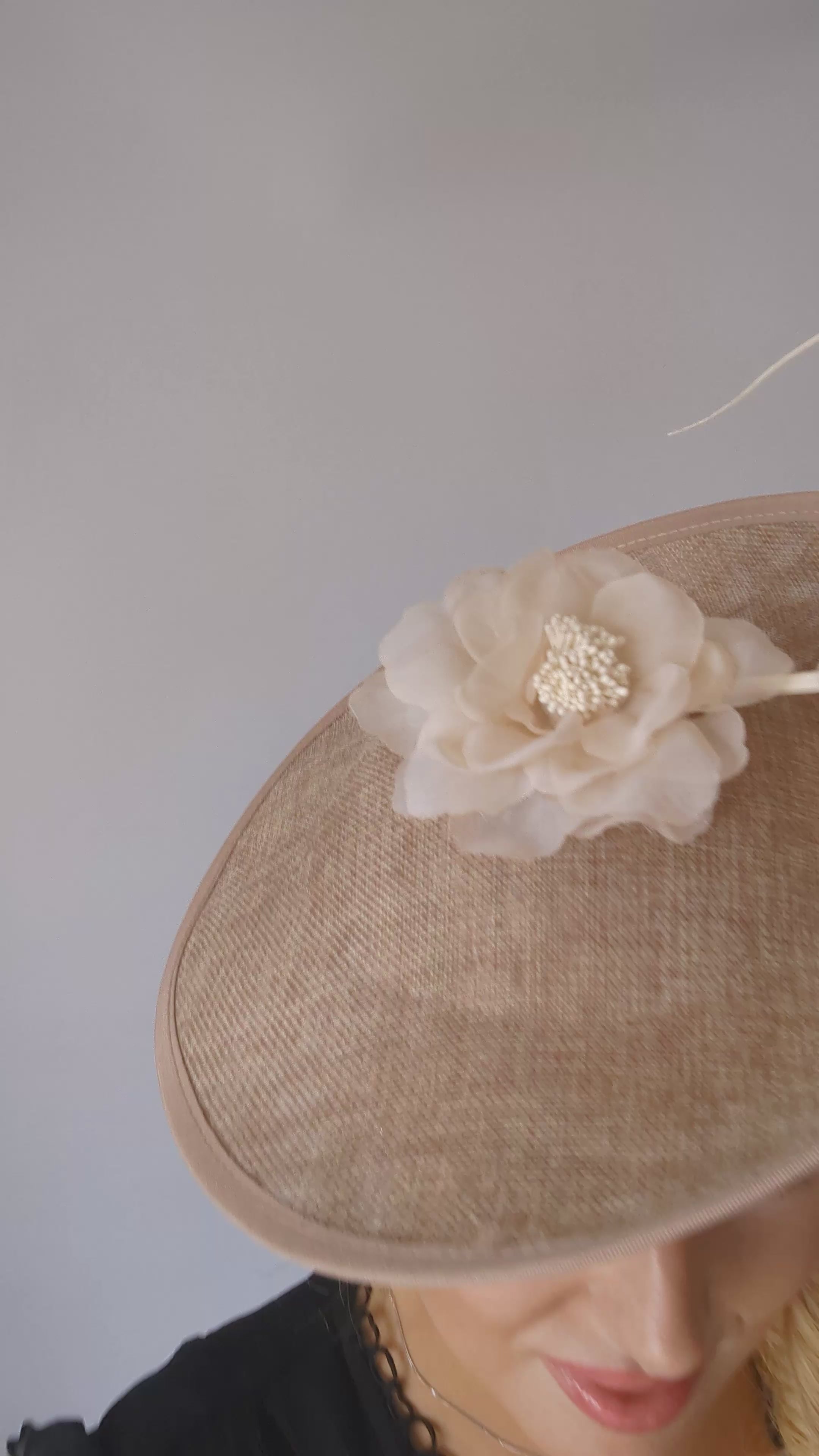 Beige large flower saucer disc fascinator hat