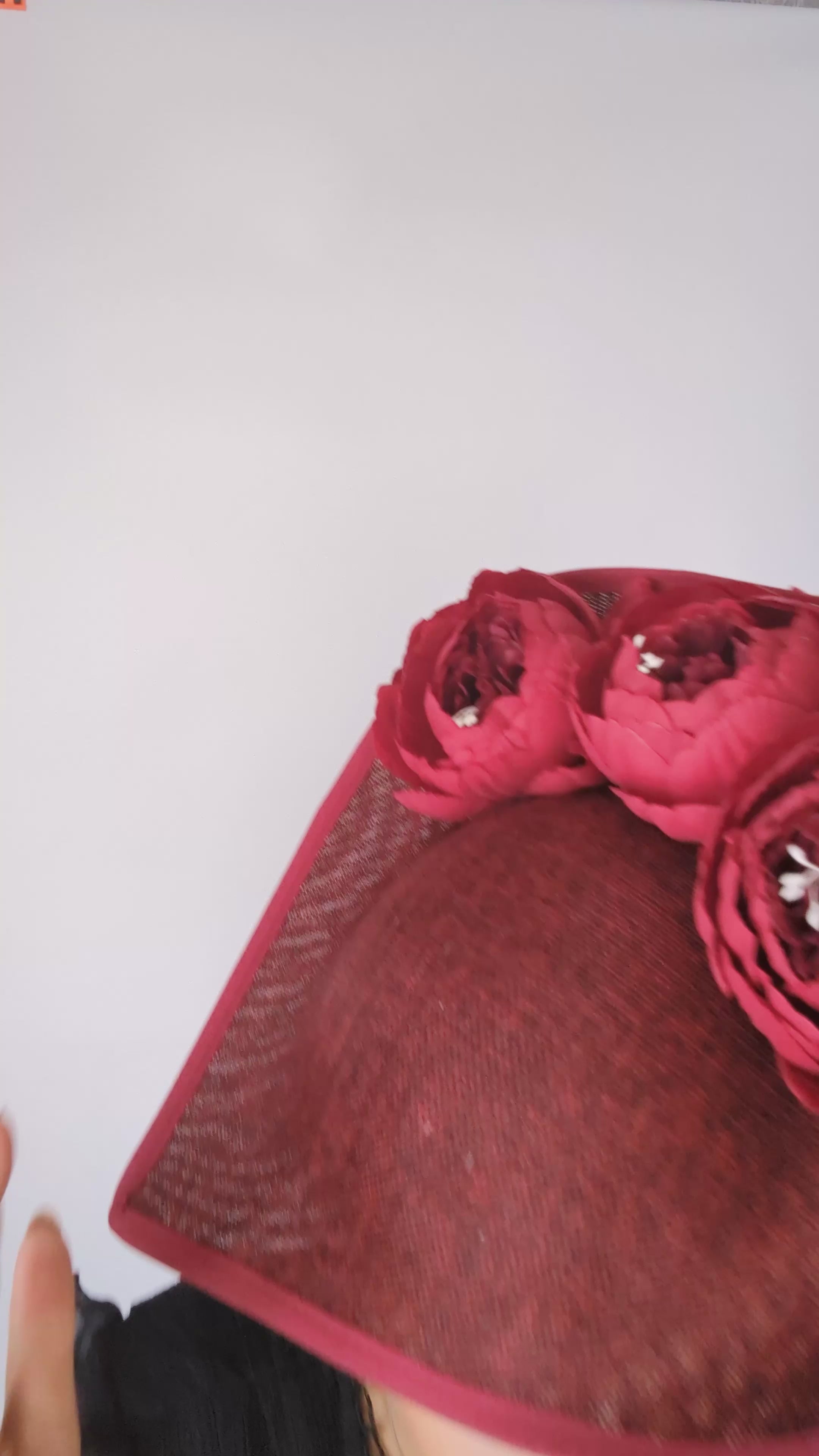 Burgundy large teardrop peony flower fascinator hat