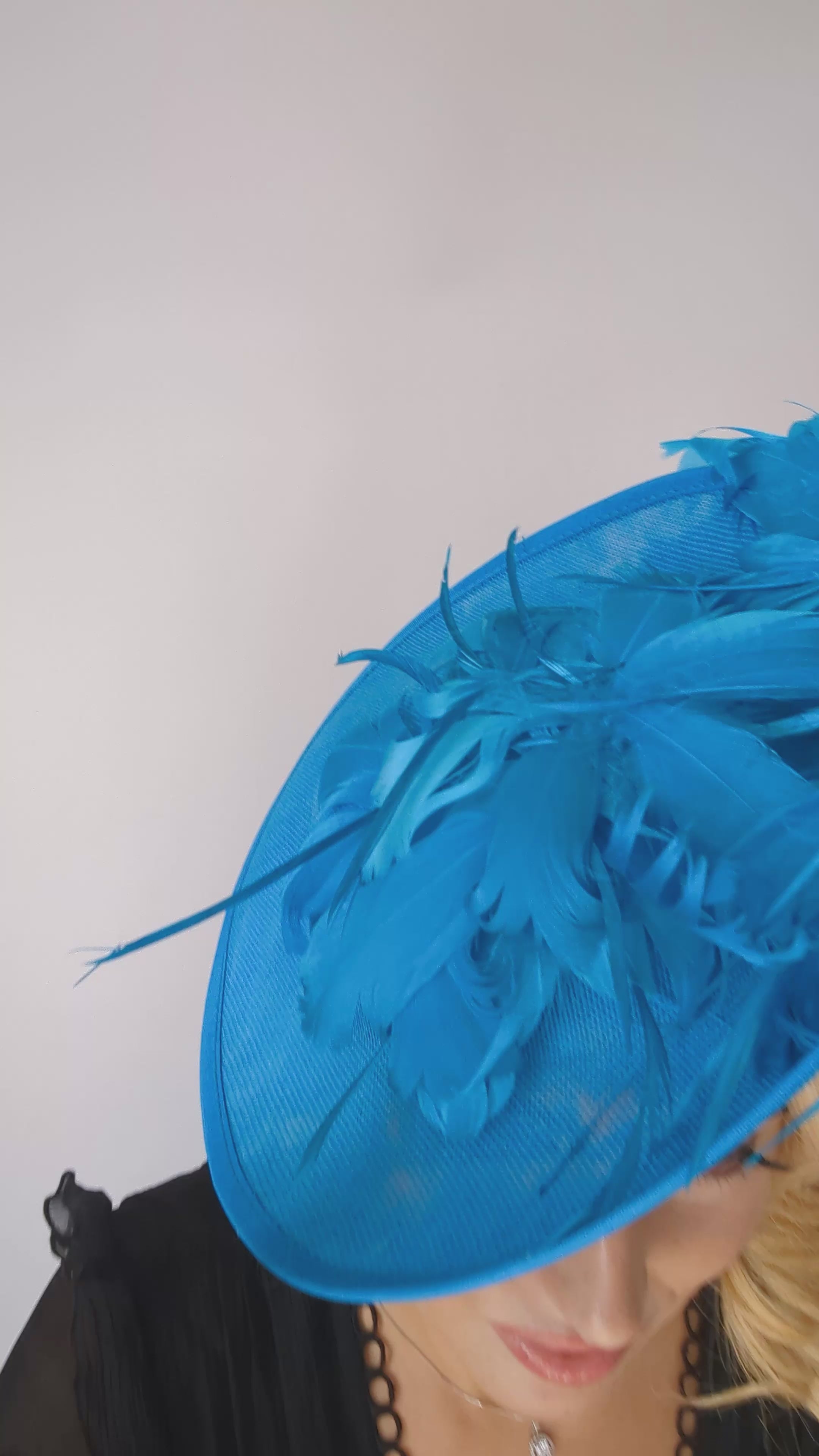 Sea blue large feather saucer disc fascinator hat