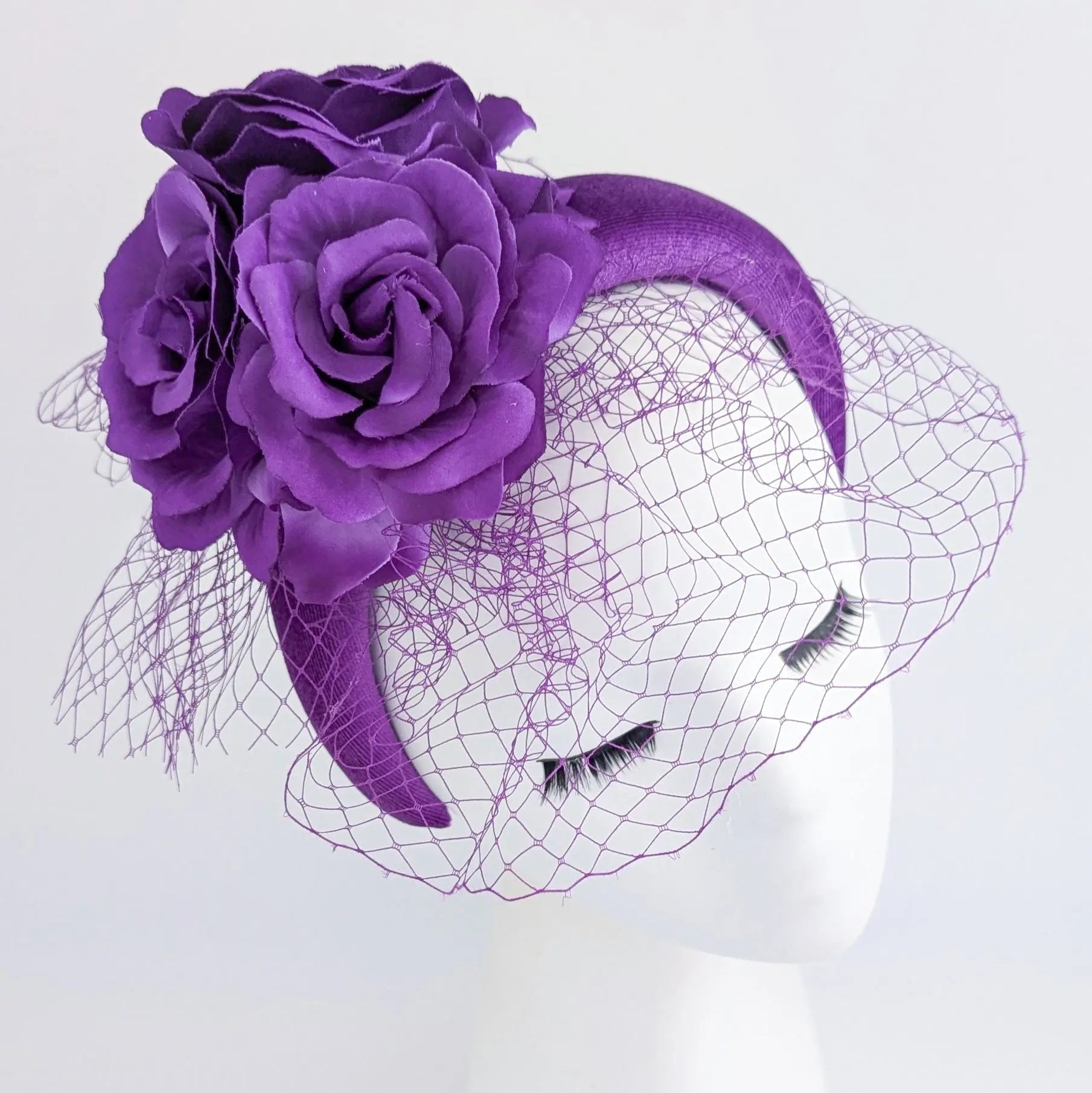 Purple flower padded velvet headband fascinator - House of Hats