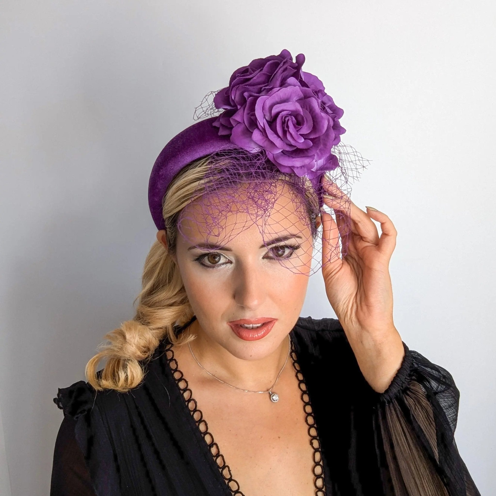 Purple flower padded velvet headband fascinator - House of Hats