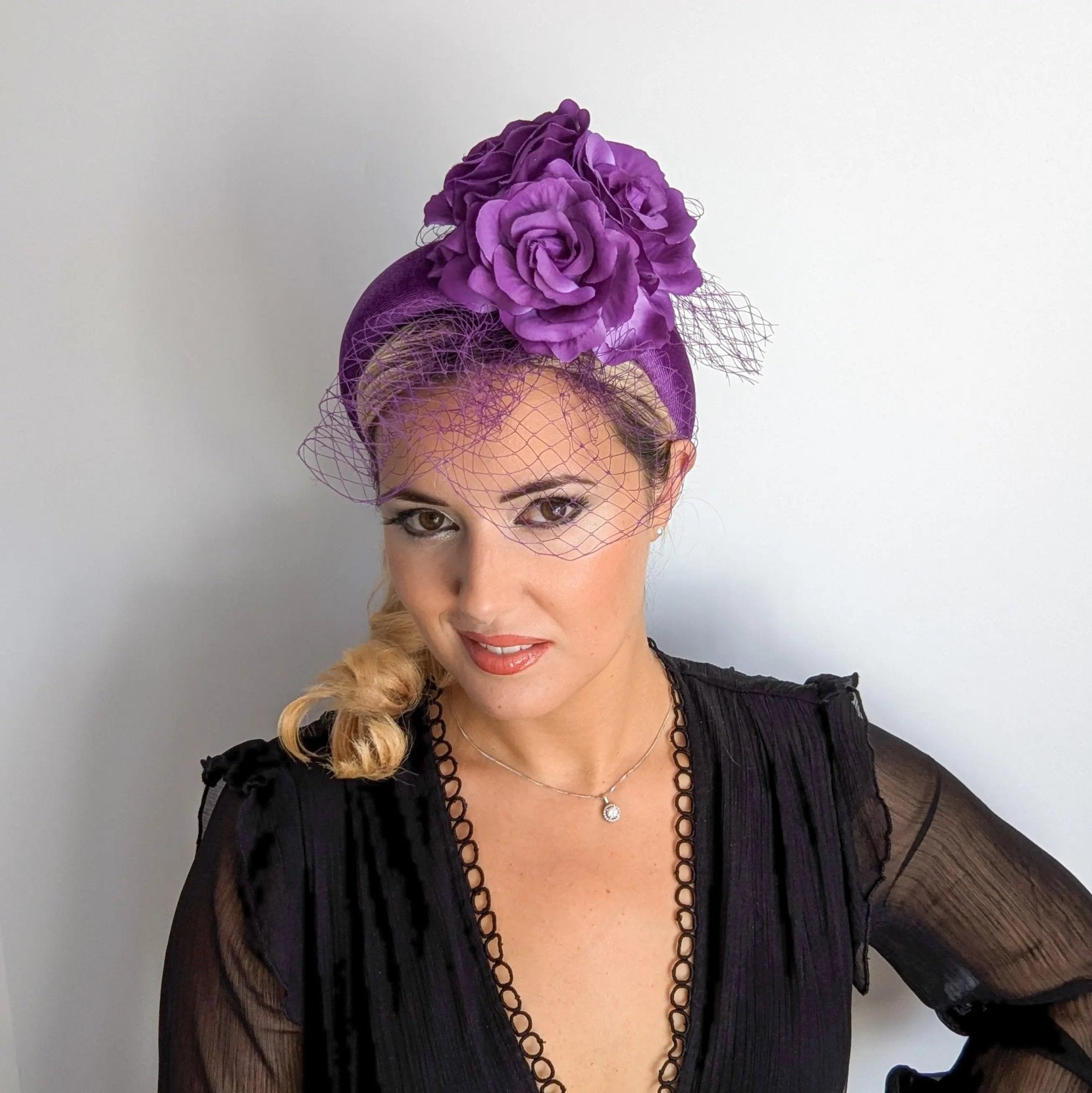 Purple flower padded velvet headband fascinator - House of Hats