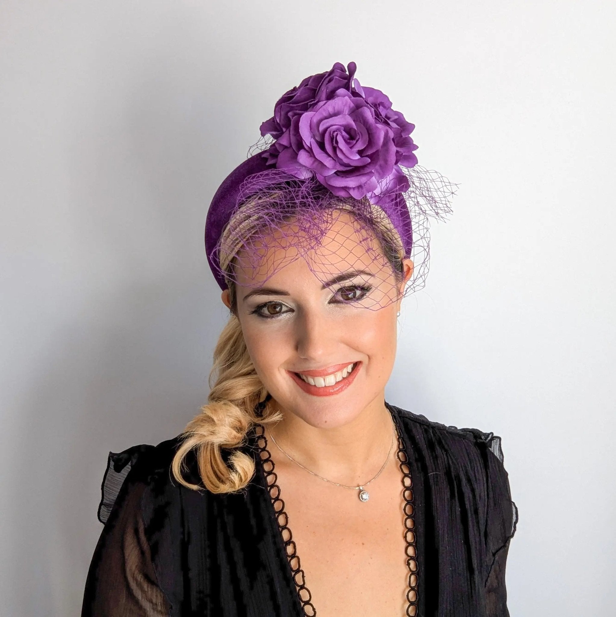 Purple flower padded velvet headband fascinator - House of Hats