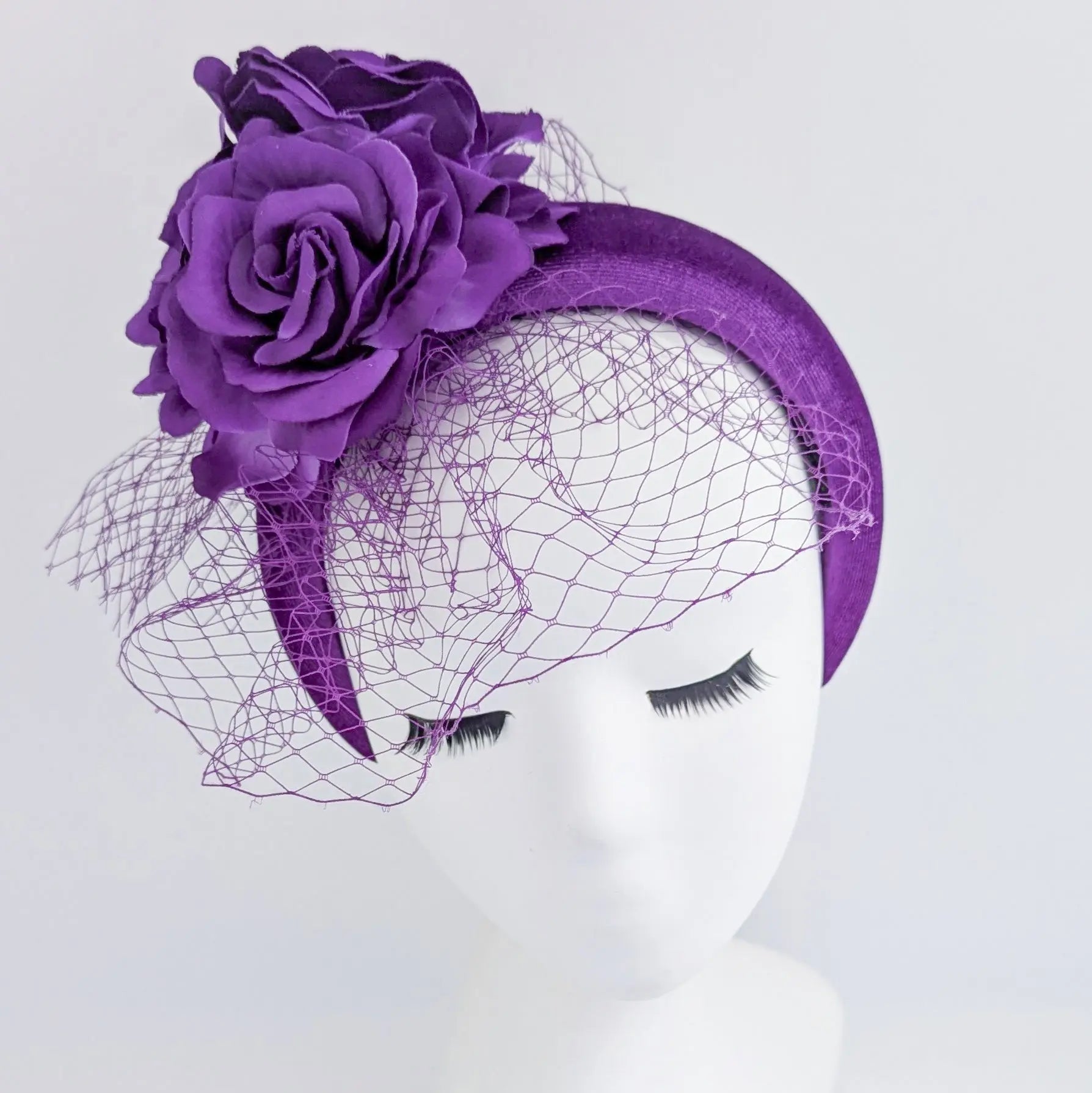 Purple flower padded velvet headband fascinator - House of Hats