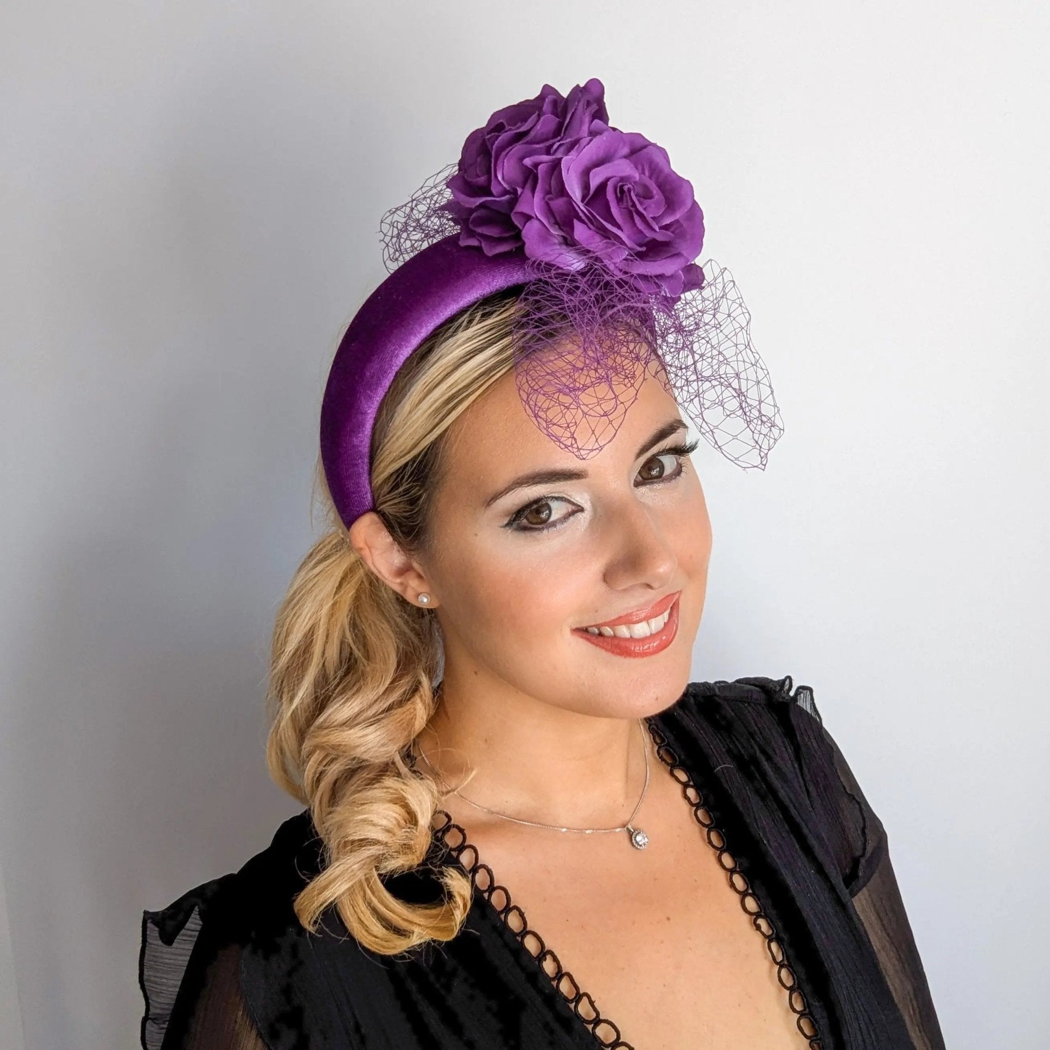 Purple flower padded velvet headband fascinator - House of Hats