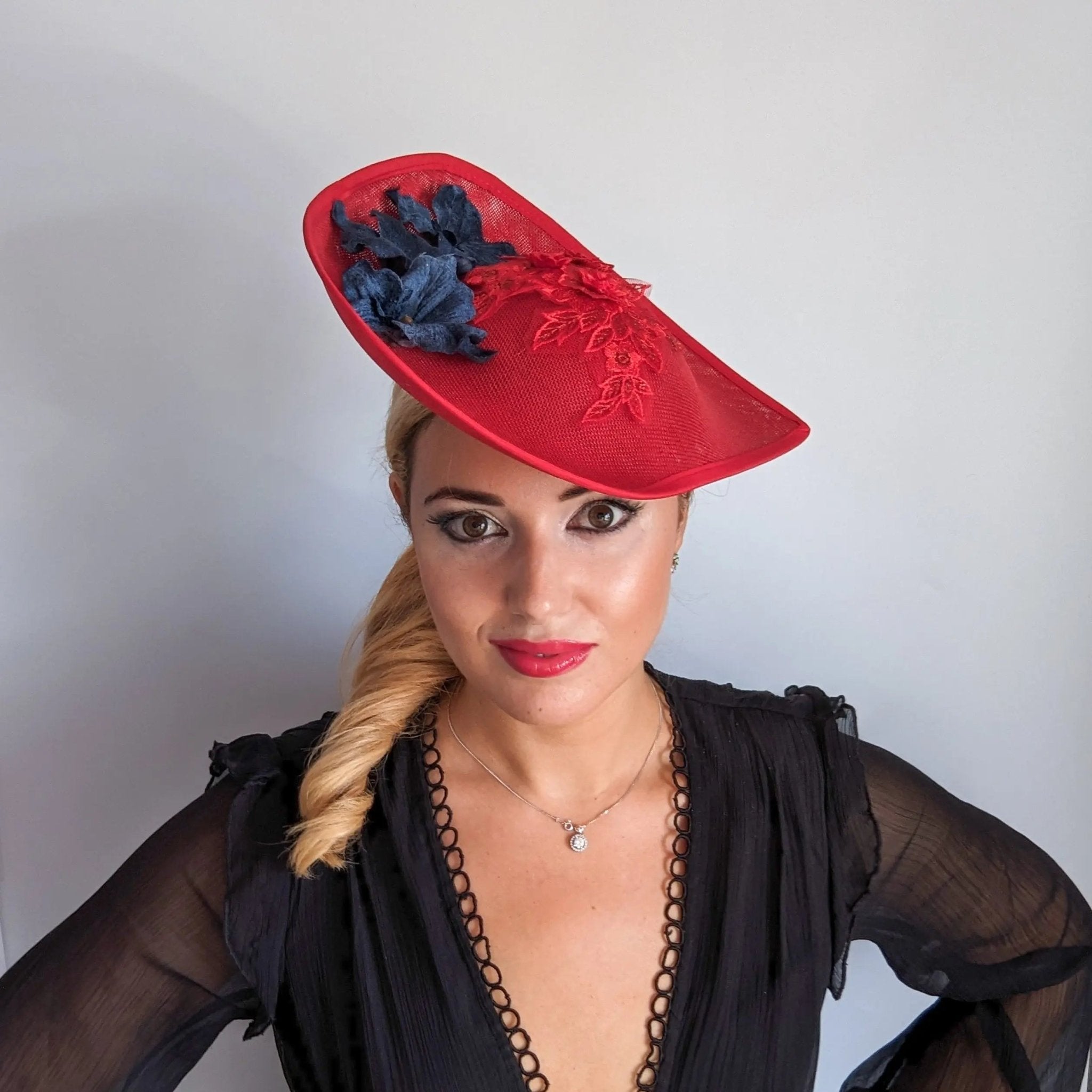 Red and navy large teardrop flower fascinator hat - House of Hats