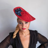 Red and navy large teardrop flower fascinator hat - House of Hats
