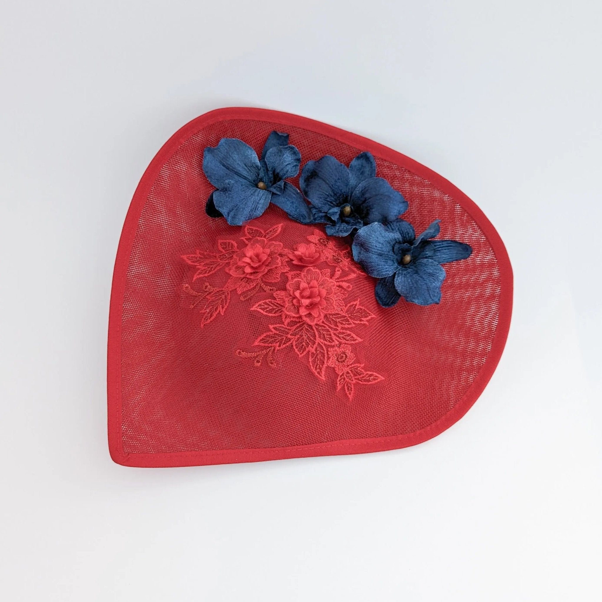Red and navy large teardrop flower fascinator hat - House of Hats