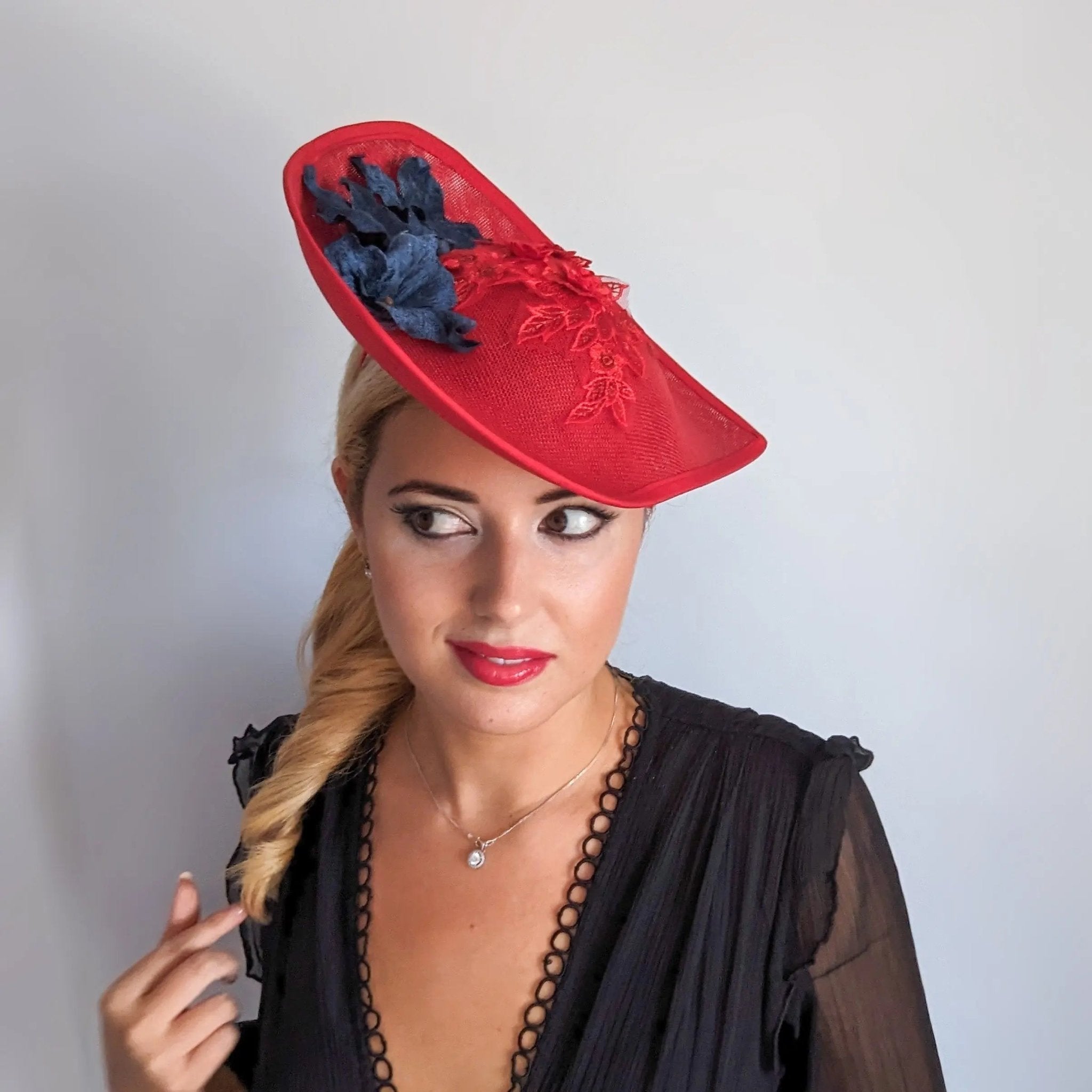 Red and navy large teardrop flower fascinator hat - House of Hats