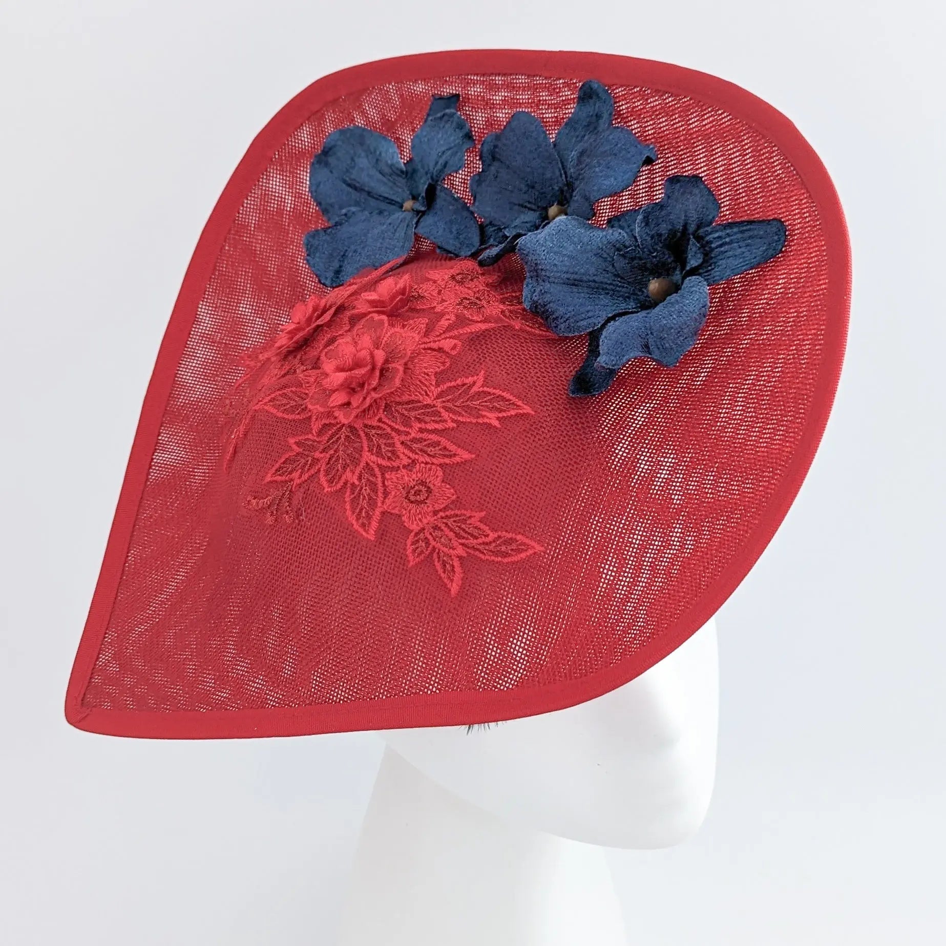 Red and navy large teardrop flower fascinator hat - House of Hats