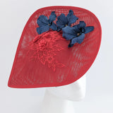 Red and navy large teardrop flower fascinator hat - House of Hats