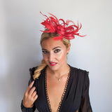 Red crystal feather fascinator hat - House of Hats