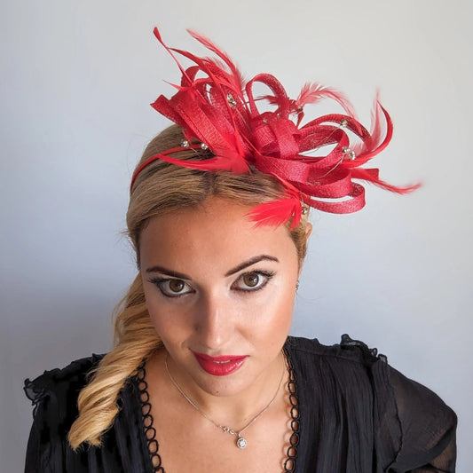Red crystal feather fascinator hat - House of Hats