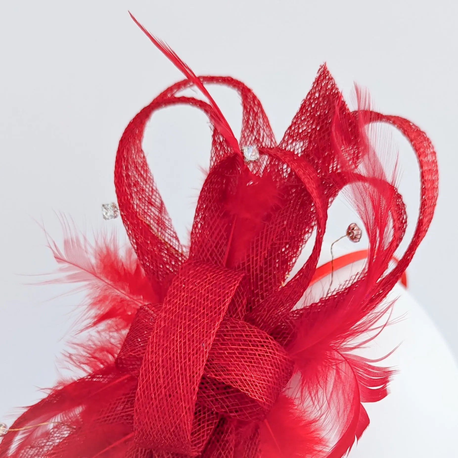 Red crystal feather fascinator hat - House of Hats