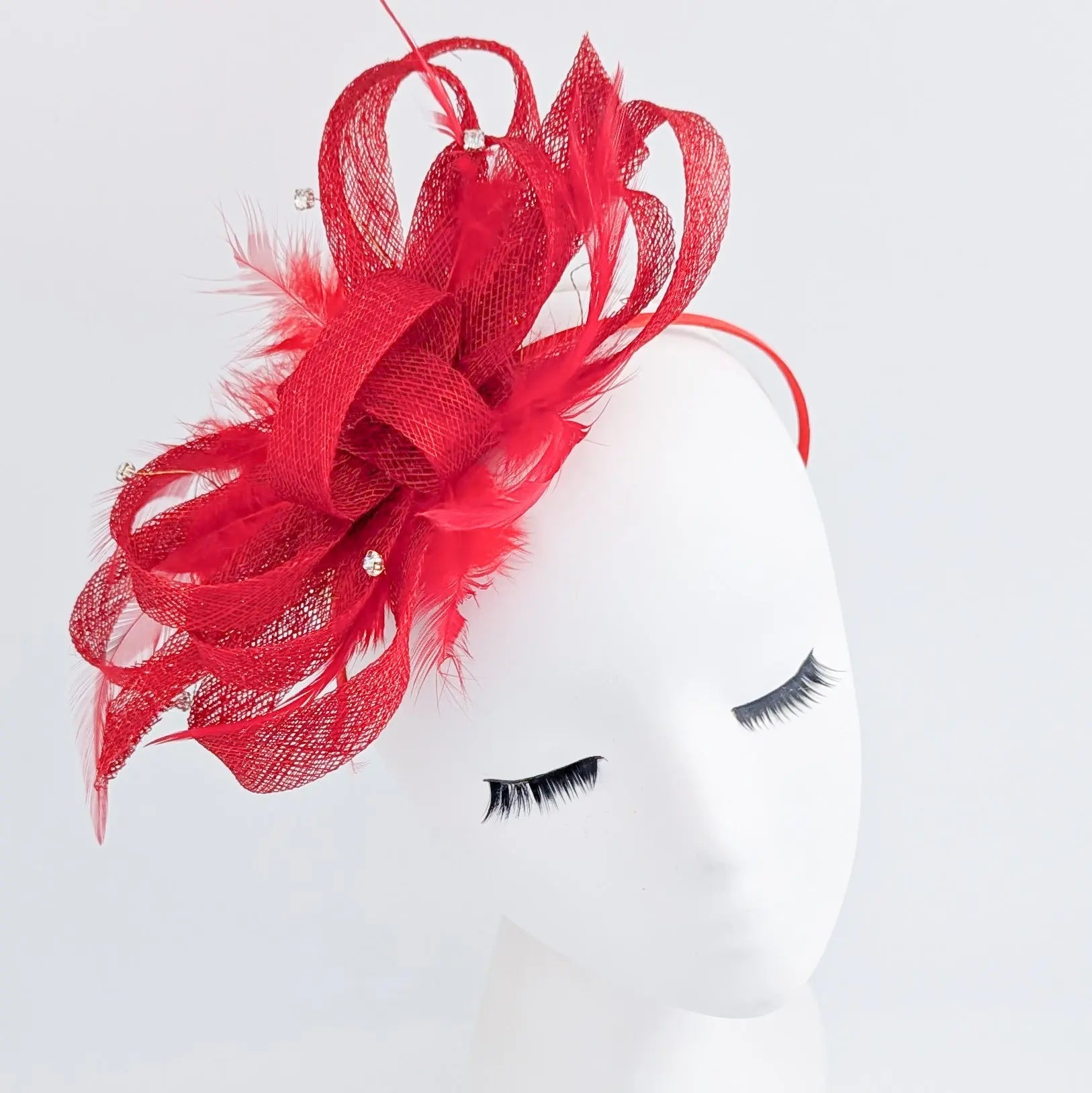 Red crystal feather fascinator hat - House of Hats