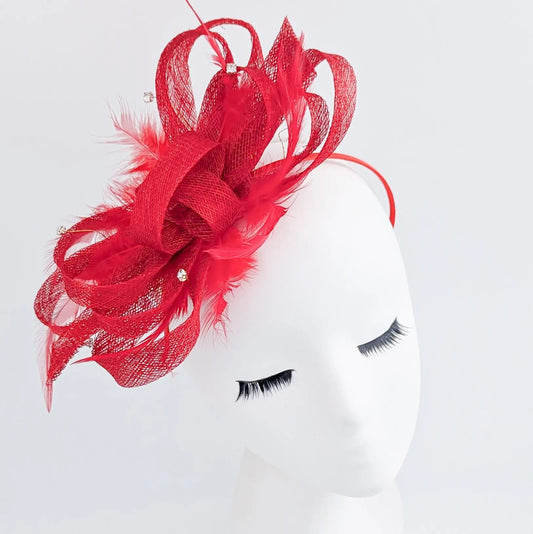 Red crystal feather fascinator hat - House of Hats