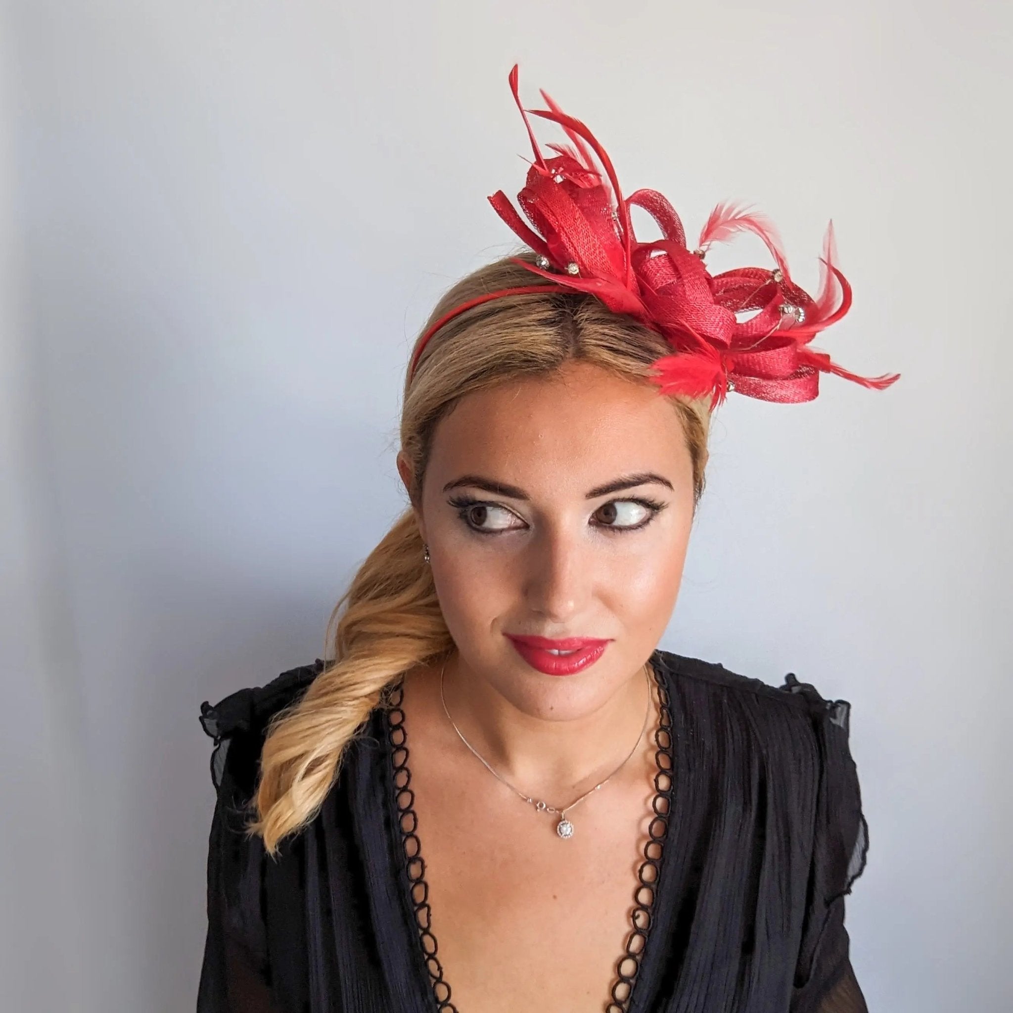 Red crystal feather fascinator hat - House of Hats