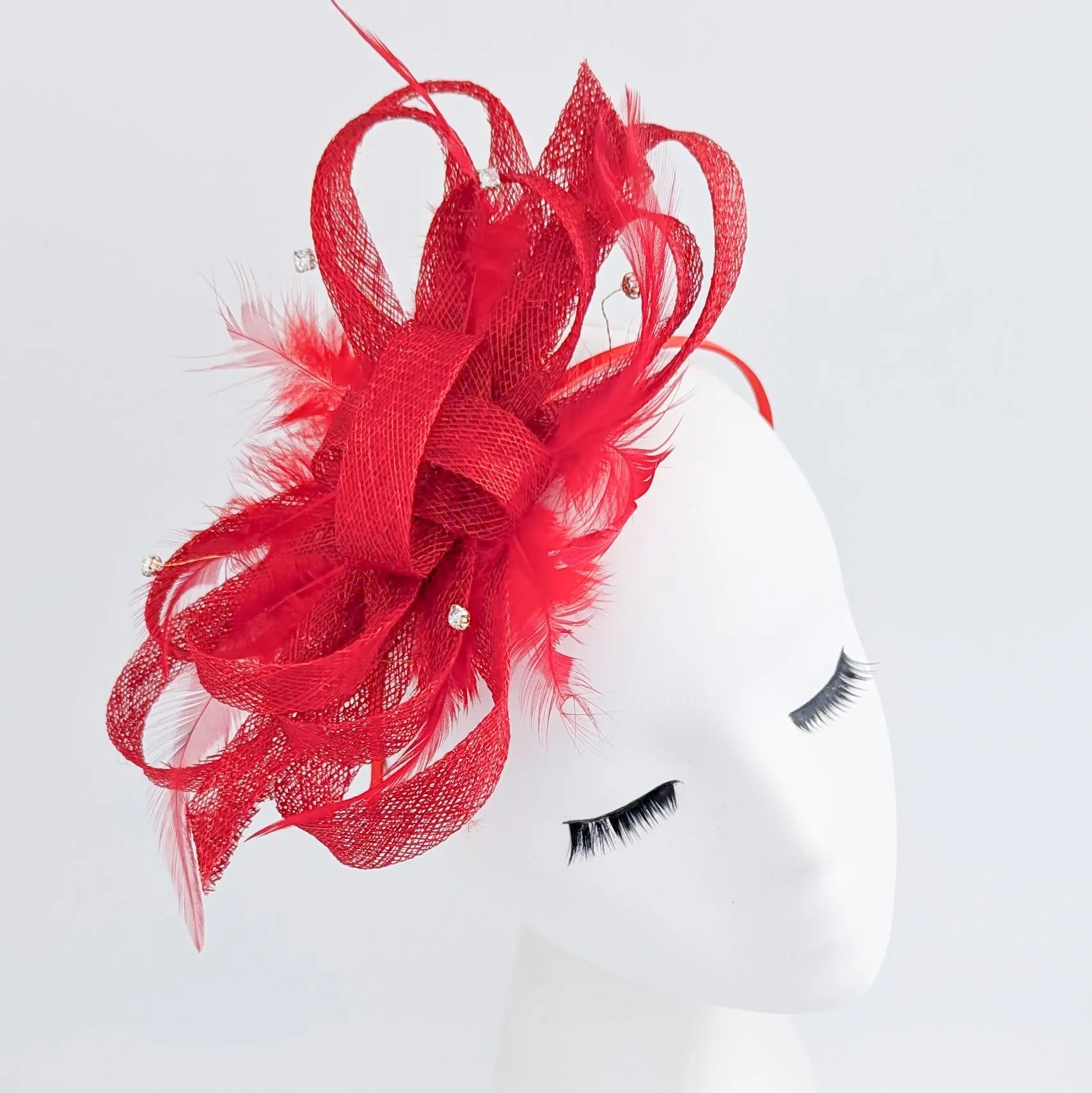 Red crystal feather fascinator hat - House of Hats