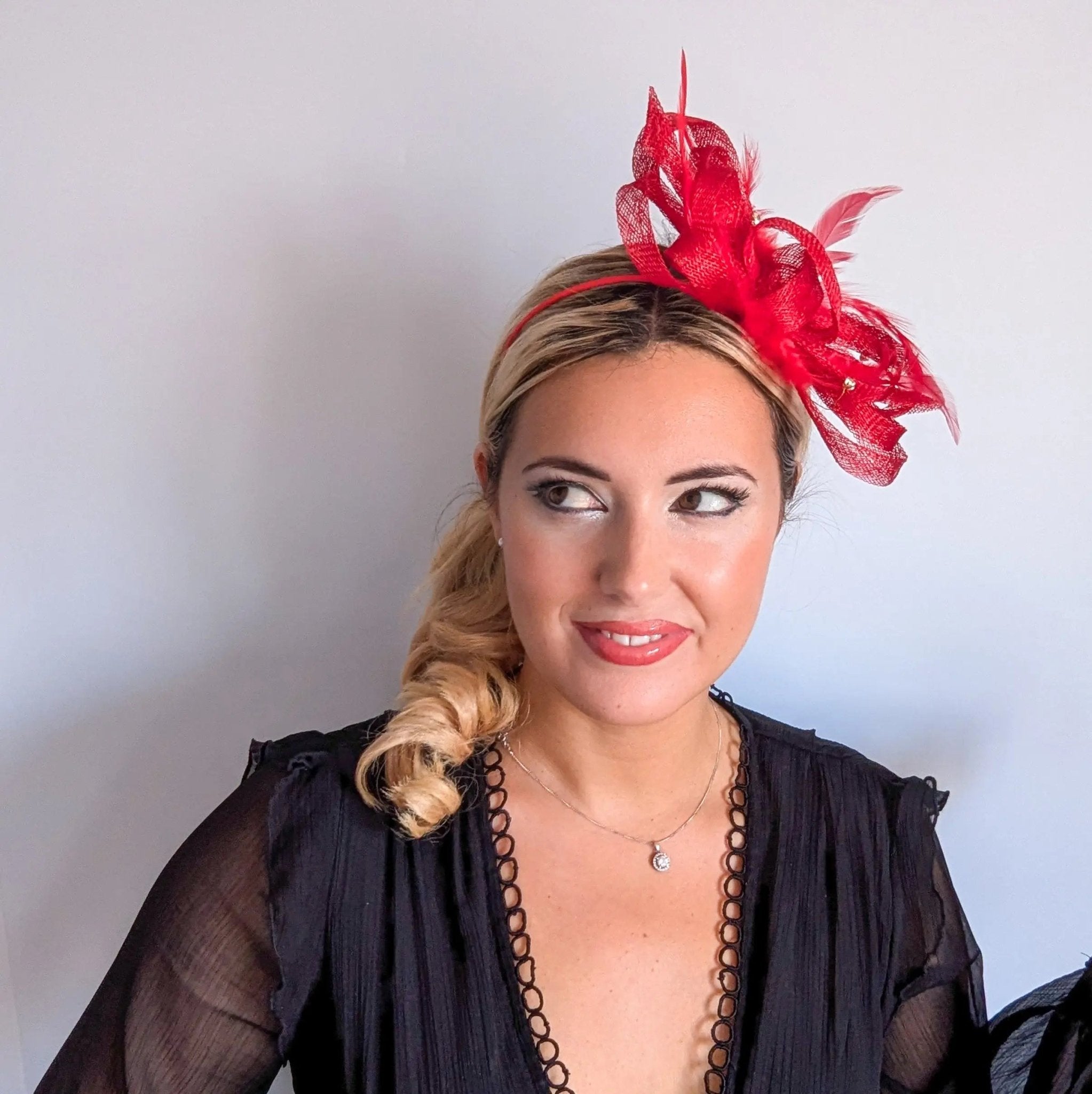 Red crystal feather fascinator hat - House of Hats