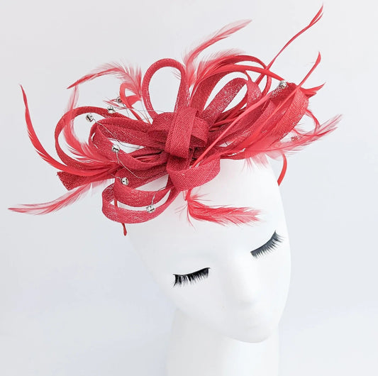 Red crystal feather fascinator hat - House of Hats