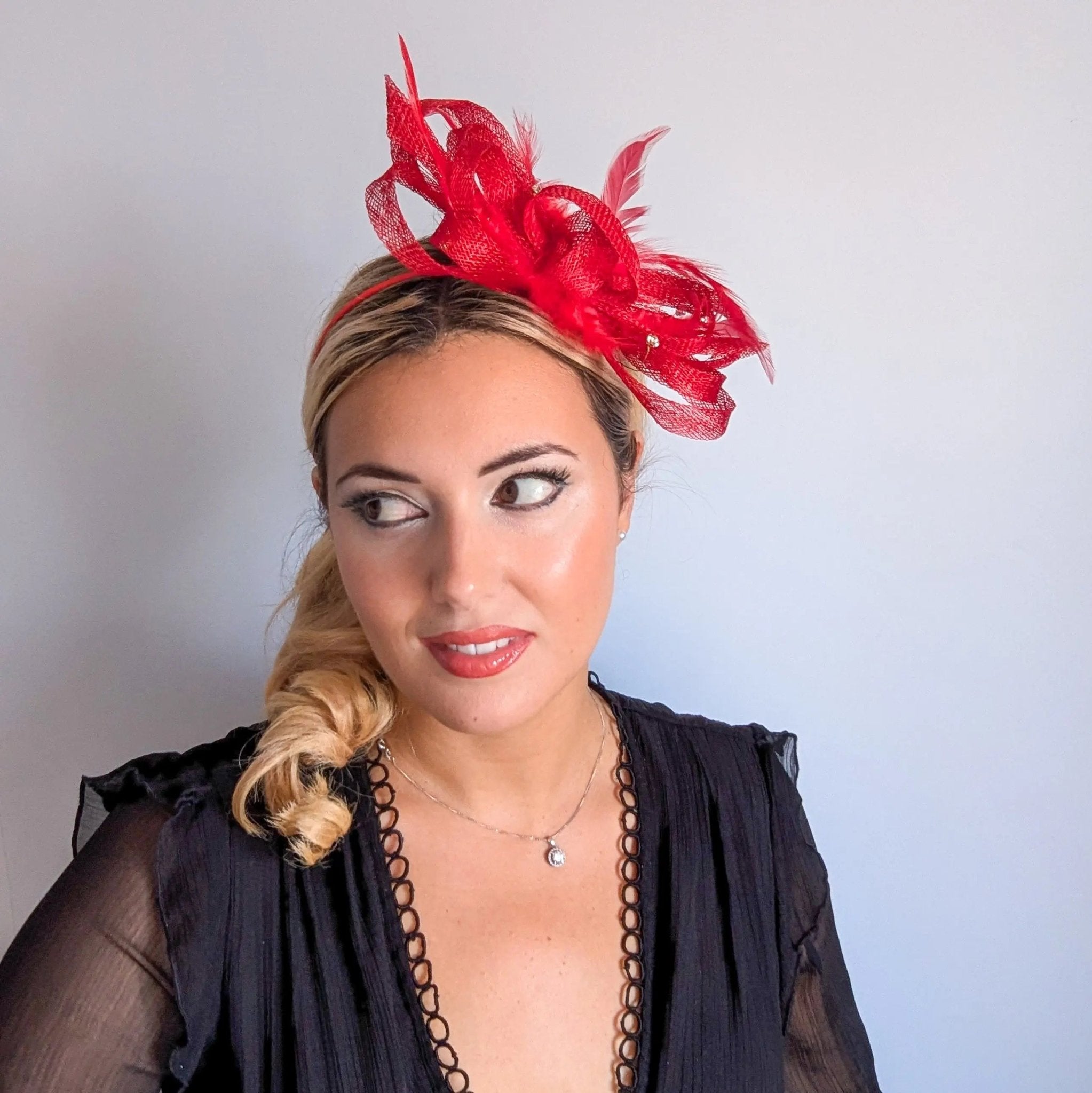 Red crystal feather fascinator hat - House of Hats