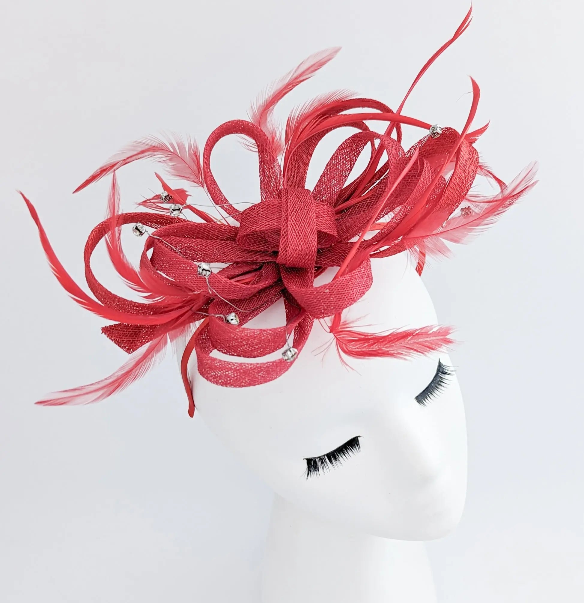 Red crystal feather fascinator hat - House of Hats