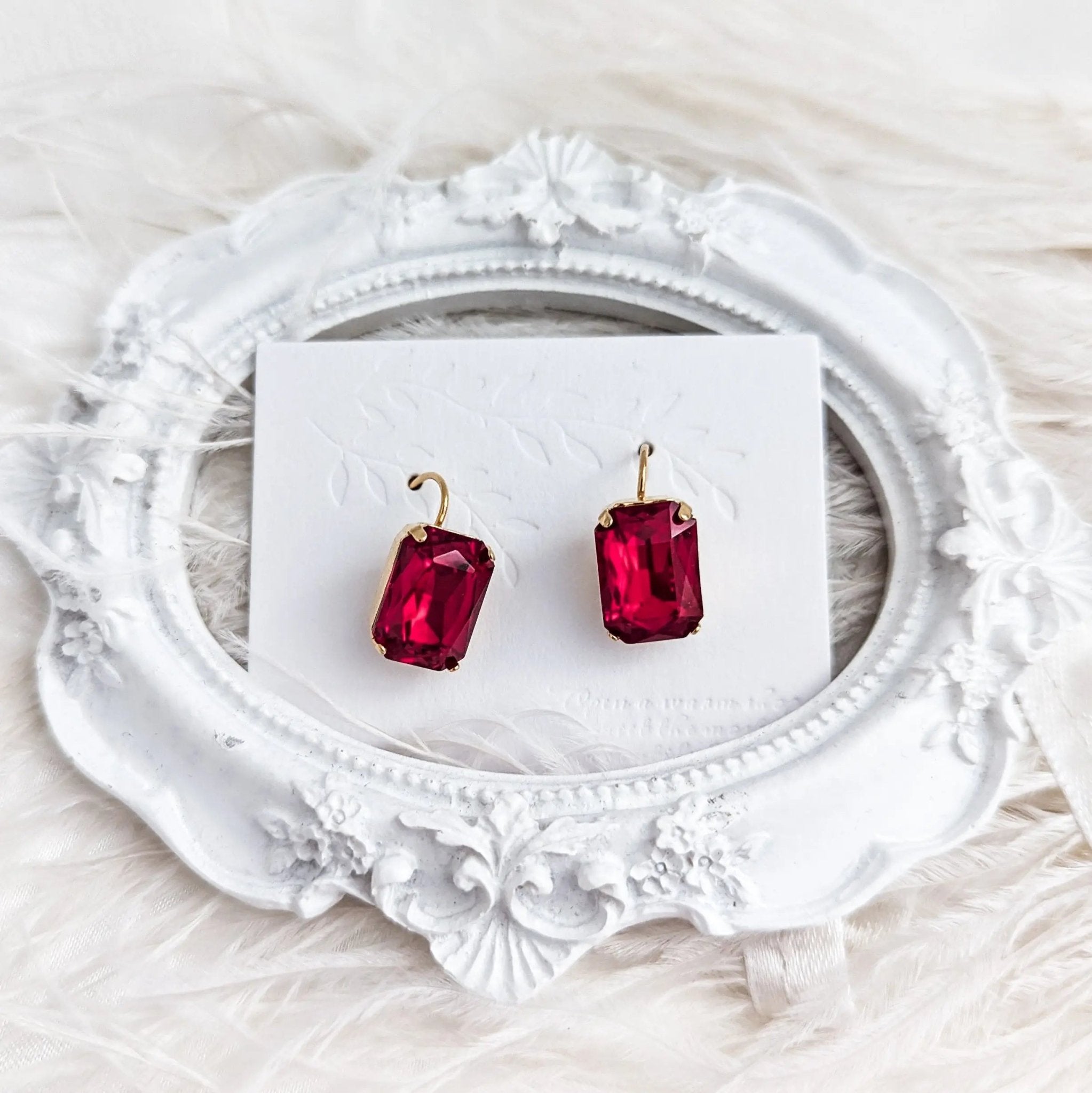 Red crystal gold emerald cut drop earrings - House of Hats