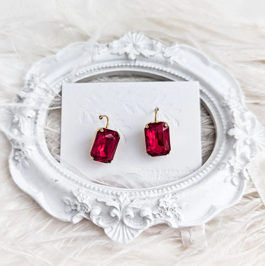 Red crystal gold emerald cut drop earrings - House of Hats