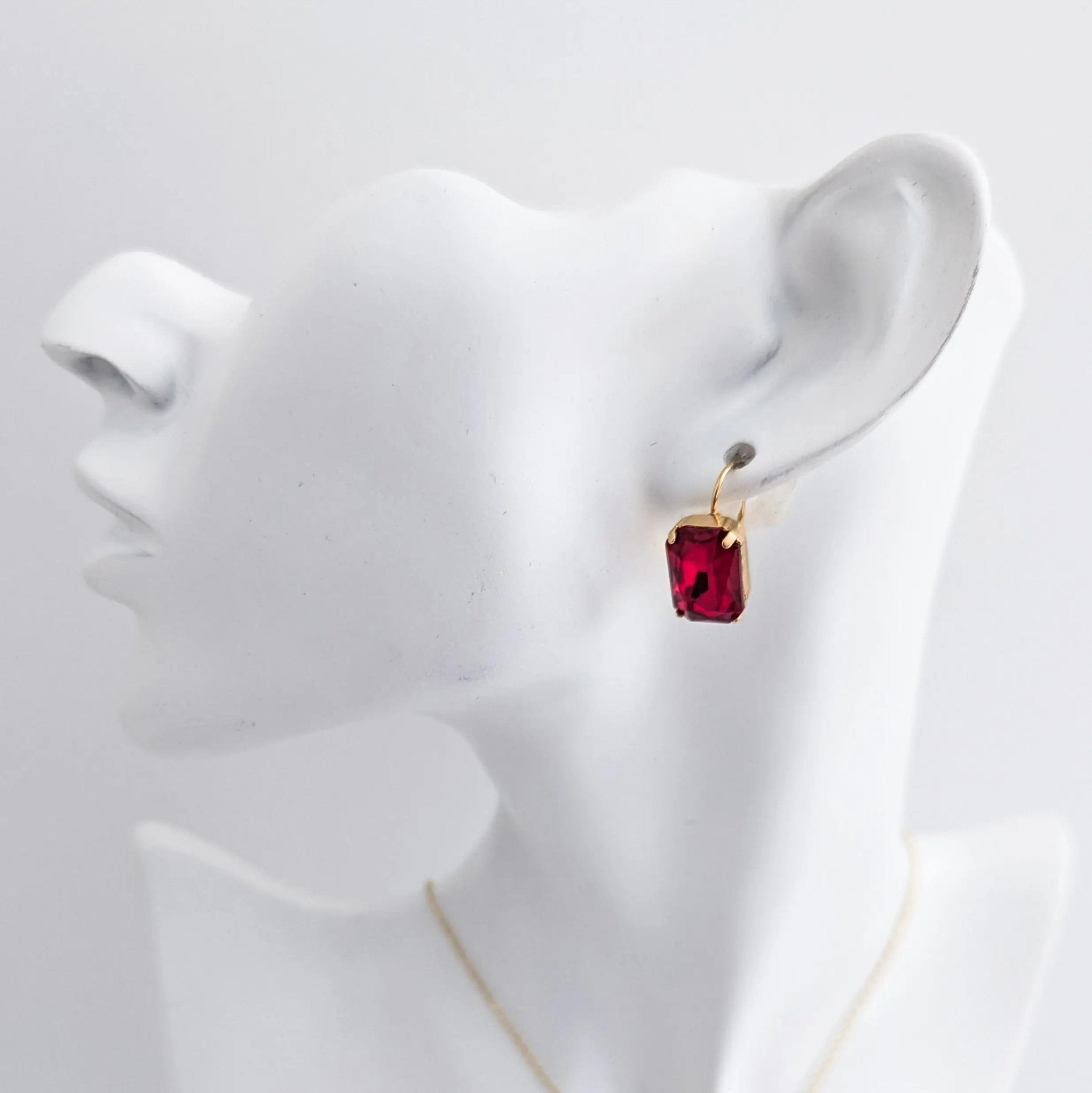 Red crystal gold emerald cut drop earrings - House of Hats
