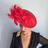 Red feather large saucer disc fascinator hat - House of Hats