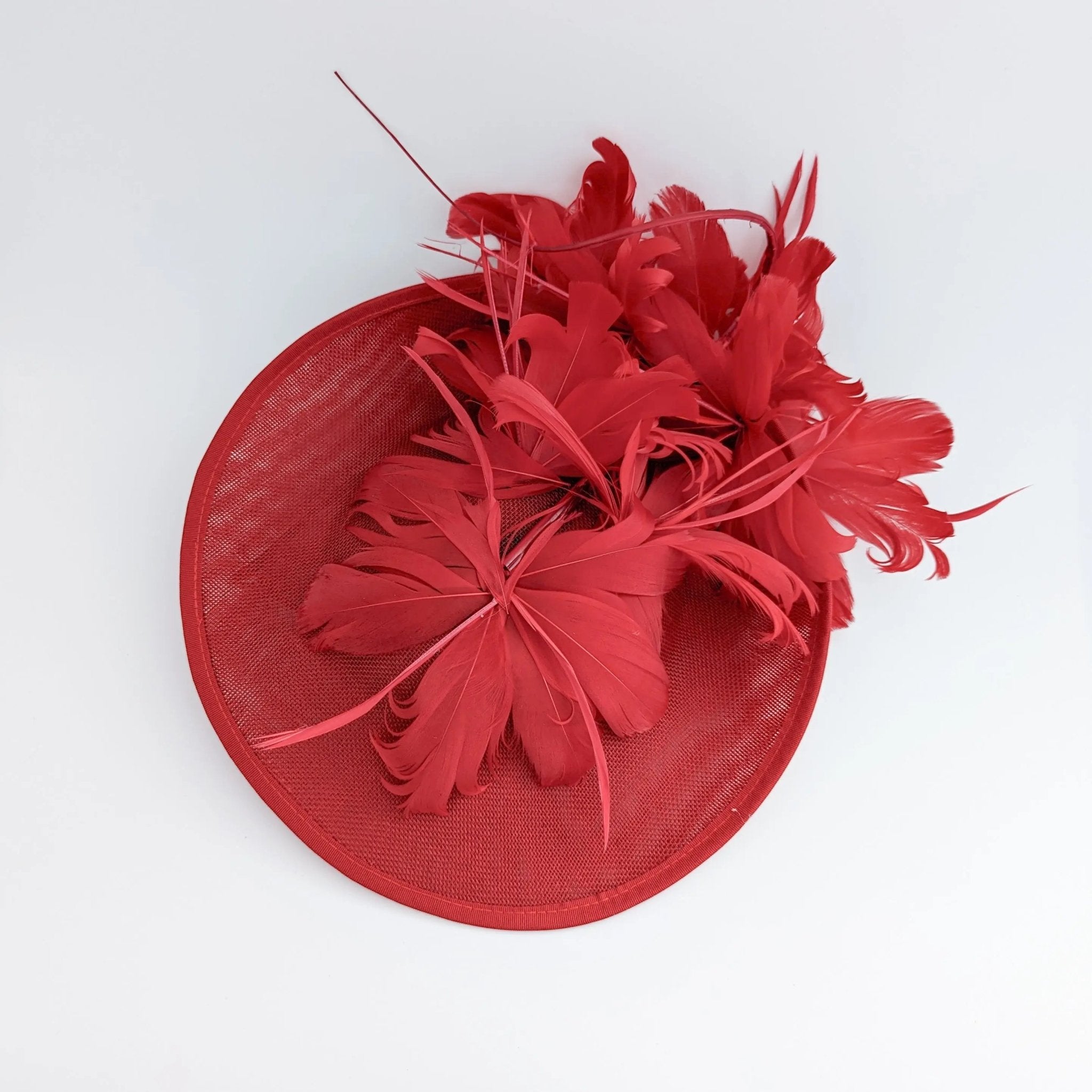 Red feather large saucer disc fascinator hat - House of Hats