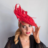 Red feather large saucer disc fascinator hat - House of Hats