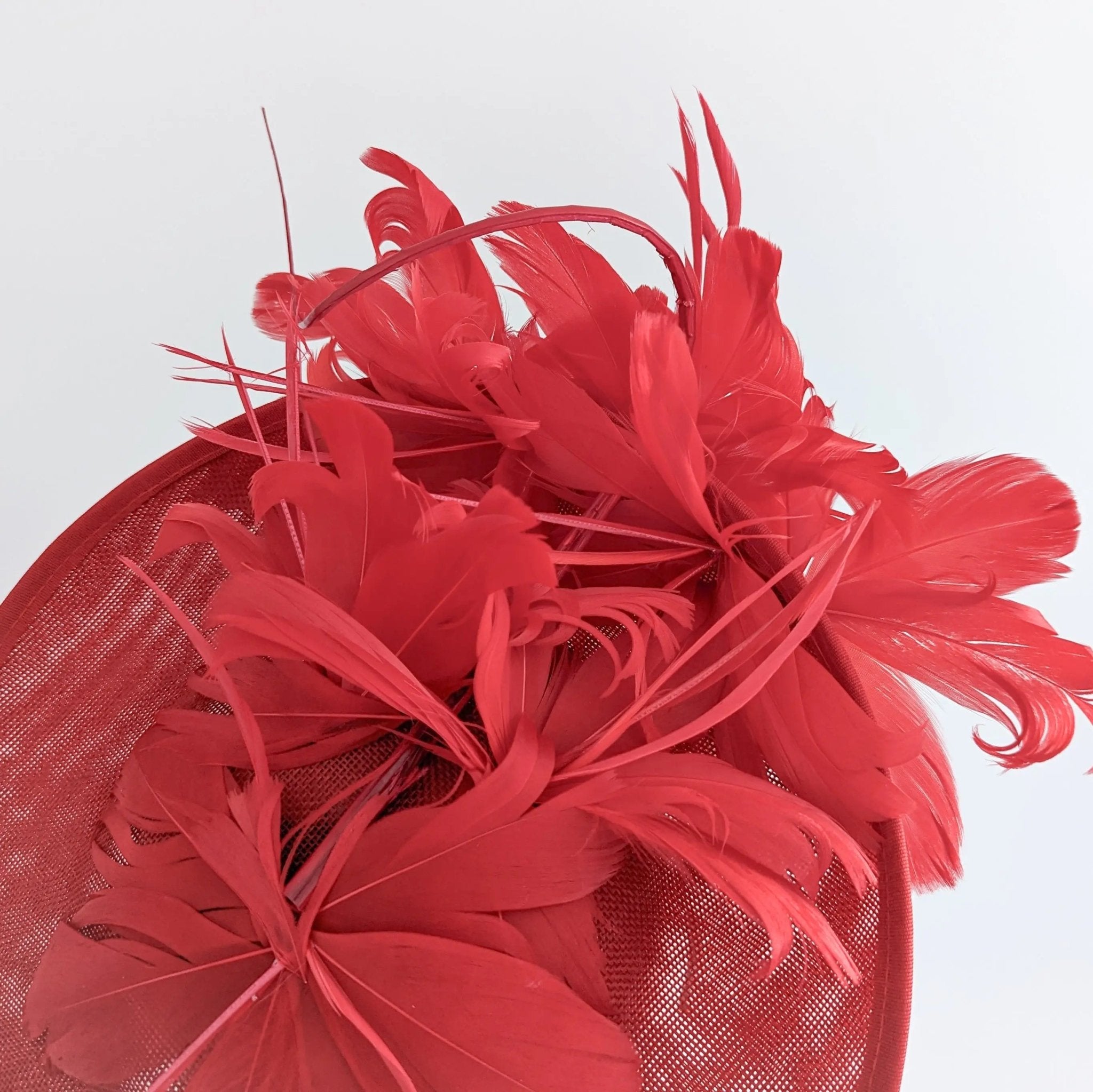Red feather large saucer disc fascinator hat - House of Hats