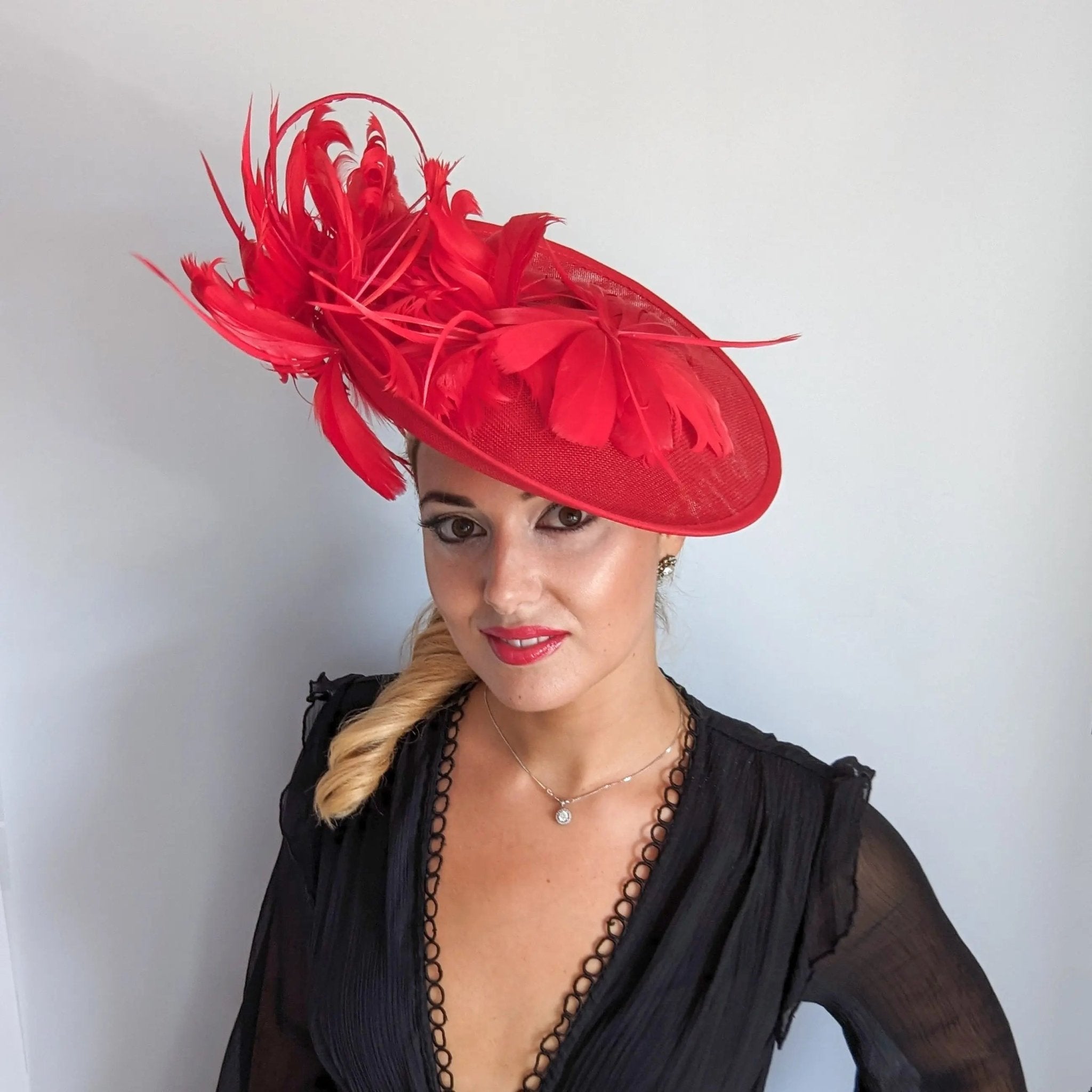 Red feather large saucer disc fascinator hat - House of Hats