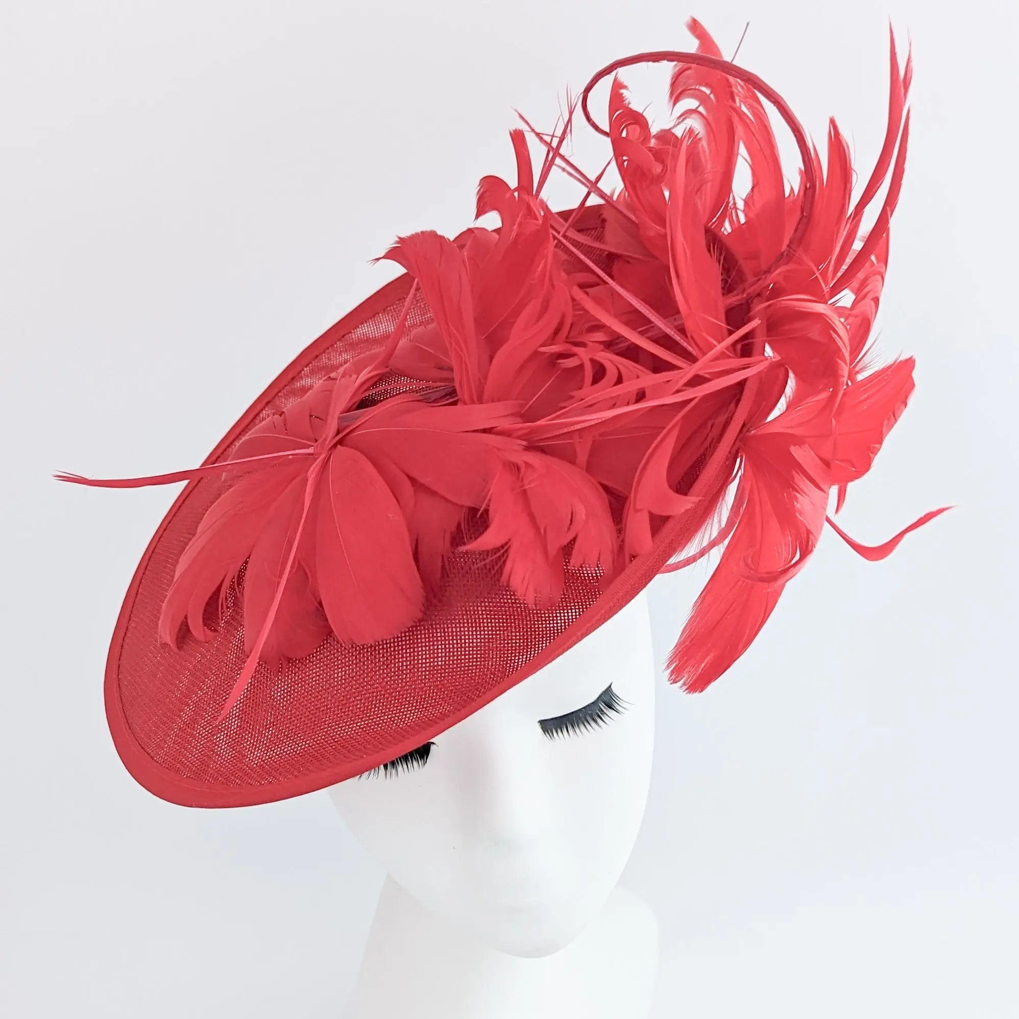 Red feather large saucer disc fascinator hat - House of Hats