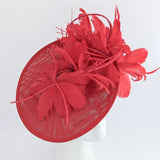 Red feather large saucer disc fascinator hat - House of Hats