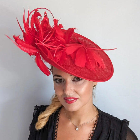 Red feather large saucer disc fascinator hat - House of Hats