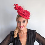 Red flower fascinator disc saucer hat - House of Hats