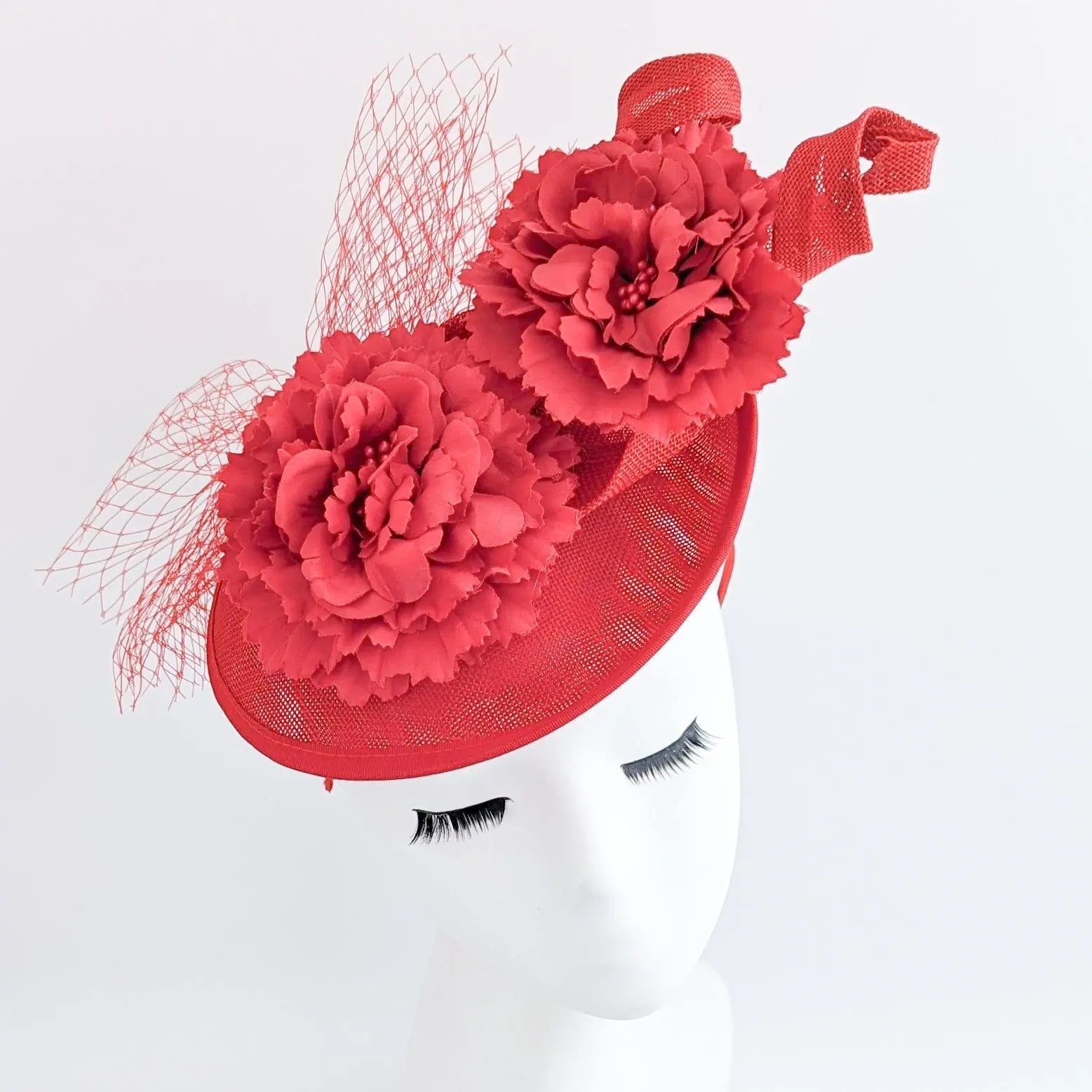 Red flower fascinator disc saucer hat - House of Hats