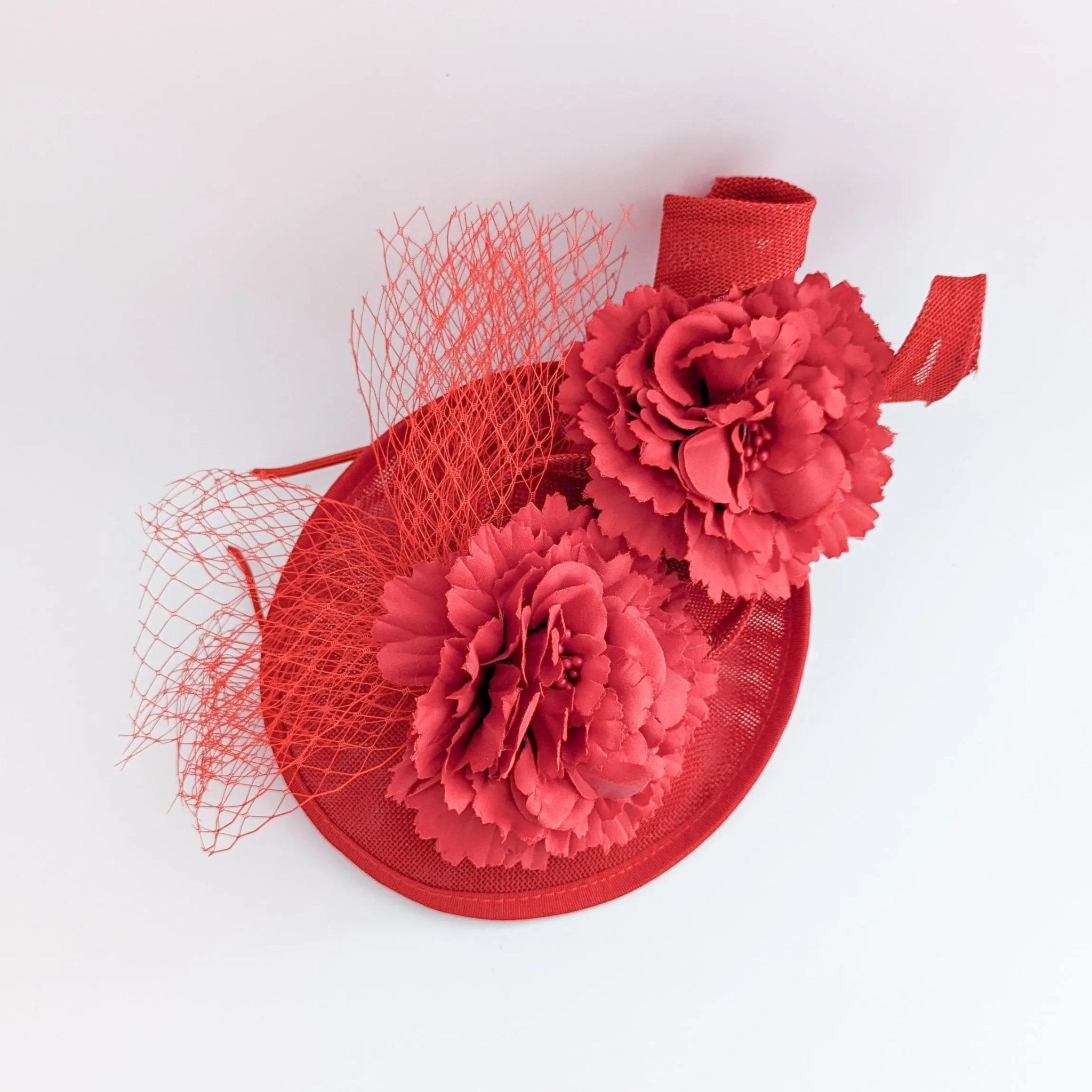 Red flower fascinator disc saucer hat - House of Hats
