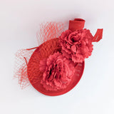 Red flower fascinator disc saucer hat - House of Hats